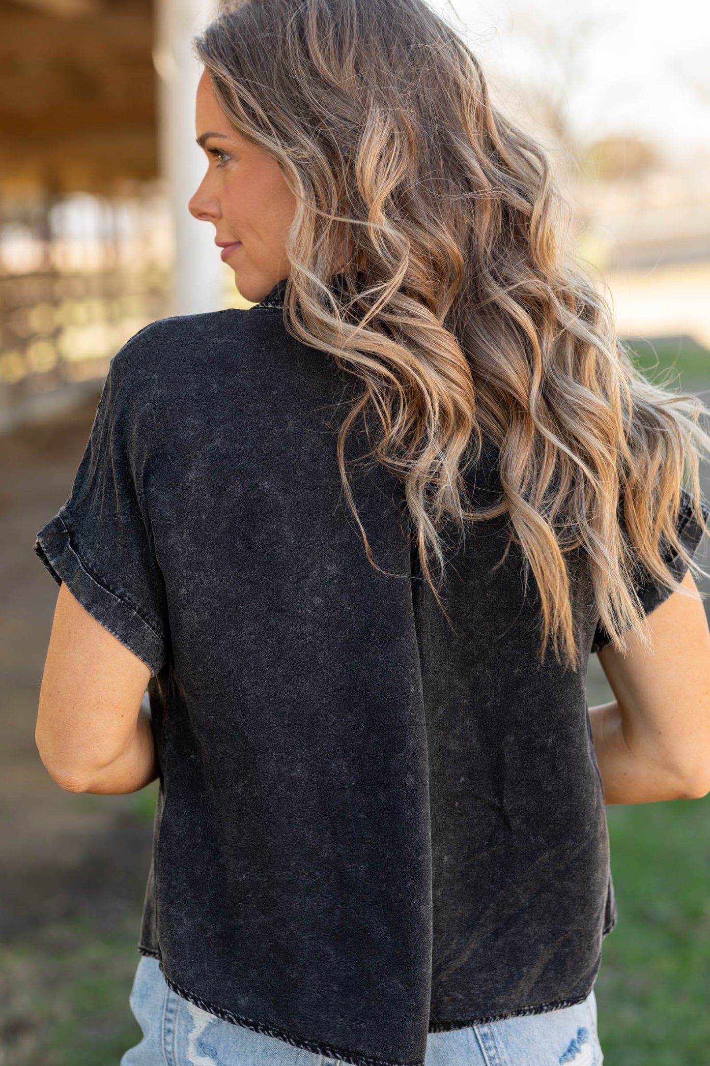 Black Mineral Wash Button-up Dolman Sleeve Shirt