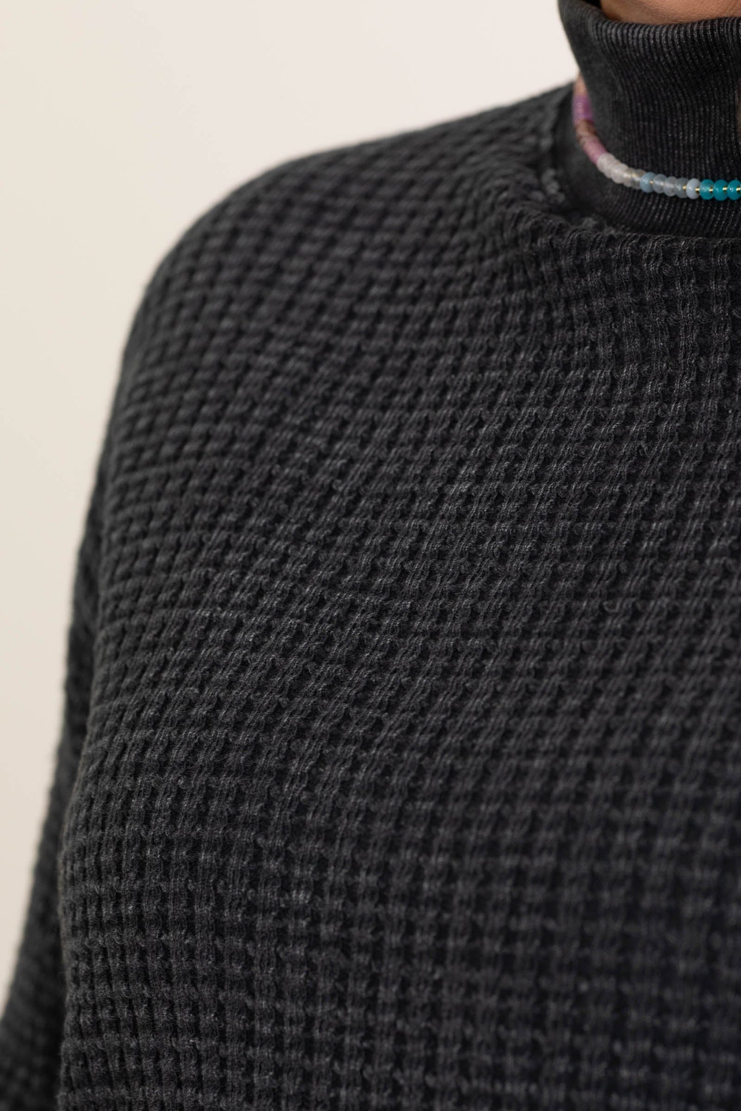 Black Waffle Mineral Wash Mock Neck Knit Top