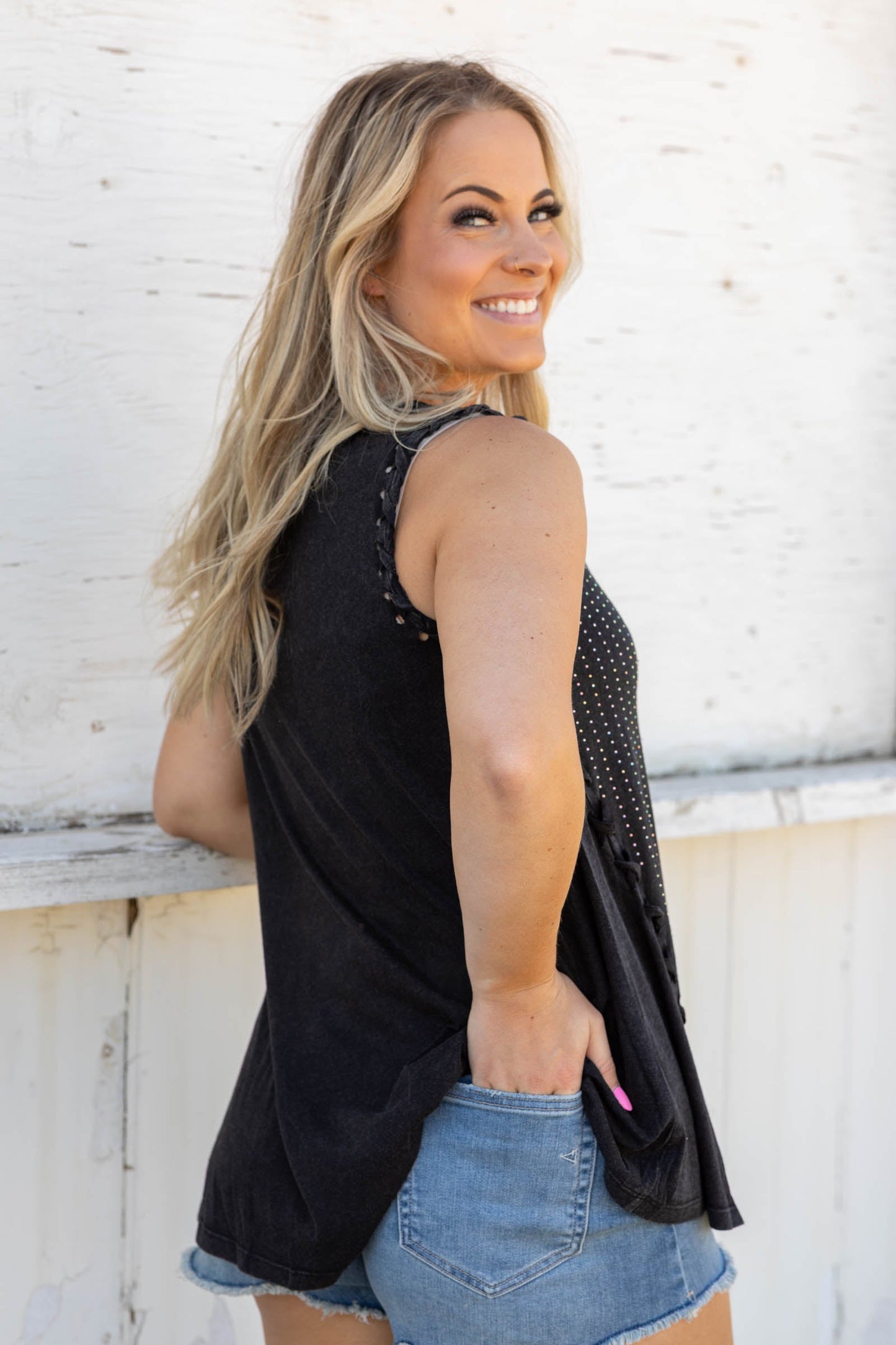 Black Godet Tank Top With Criss Cross Detail