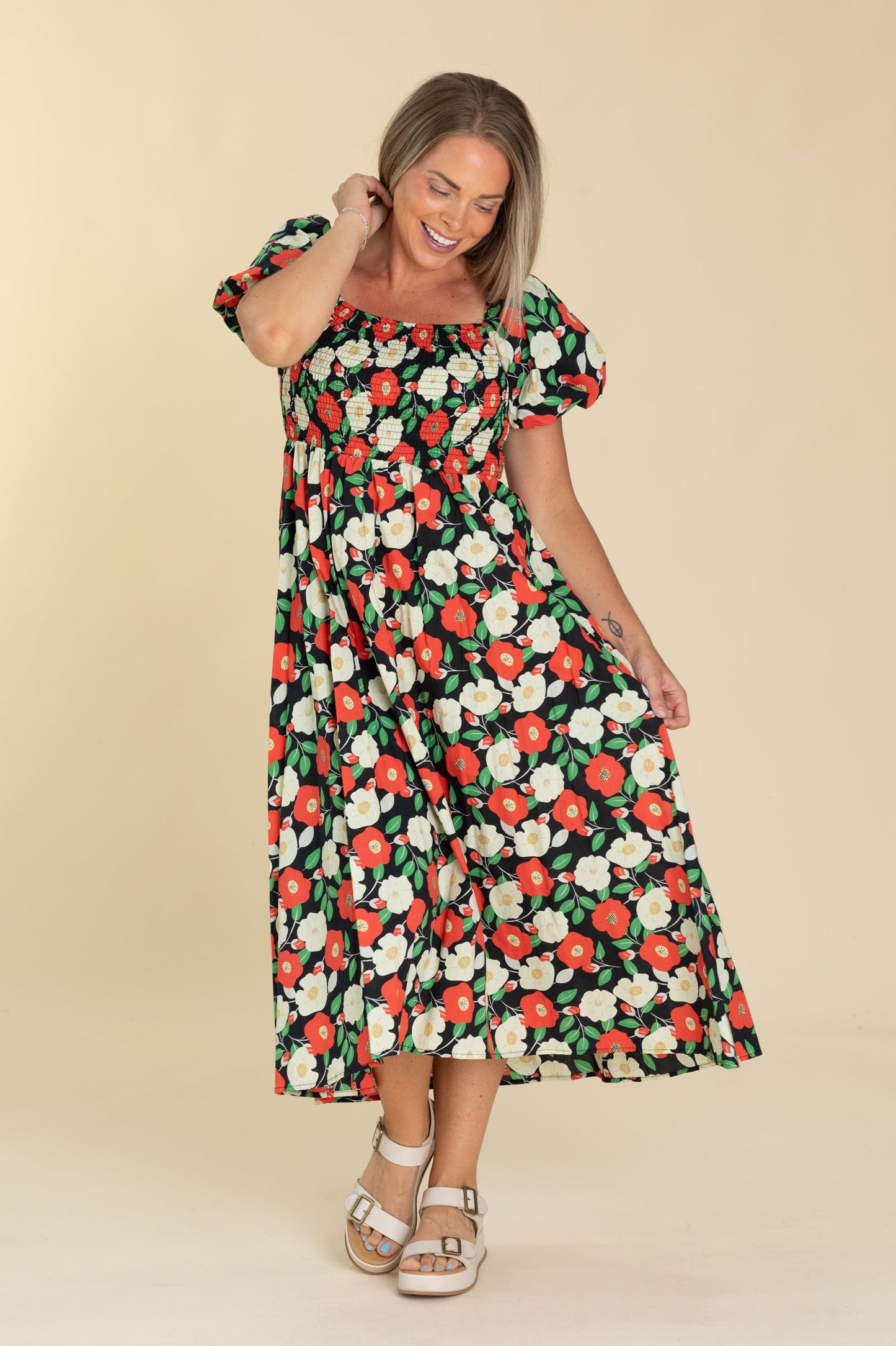 Black Floral Puff Short Sleeves Midi Dress