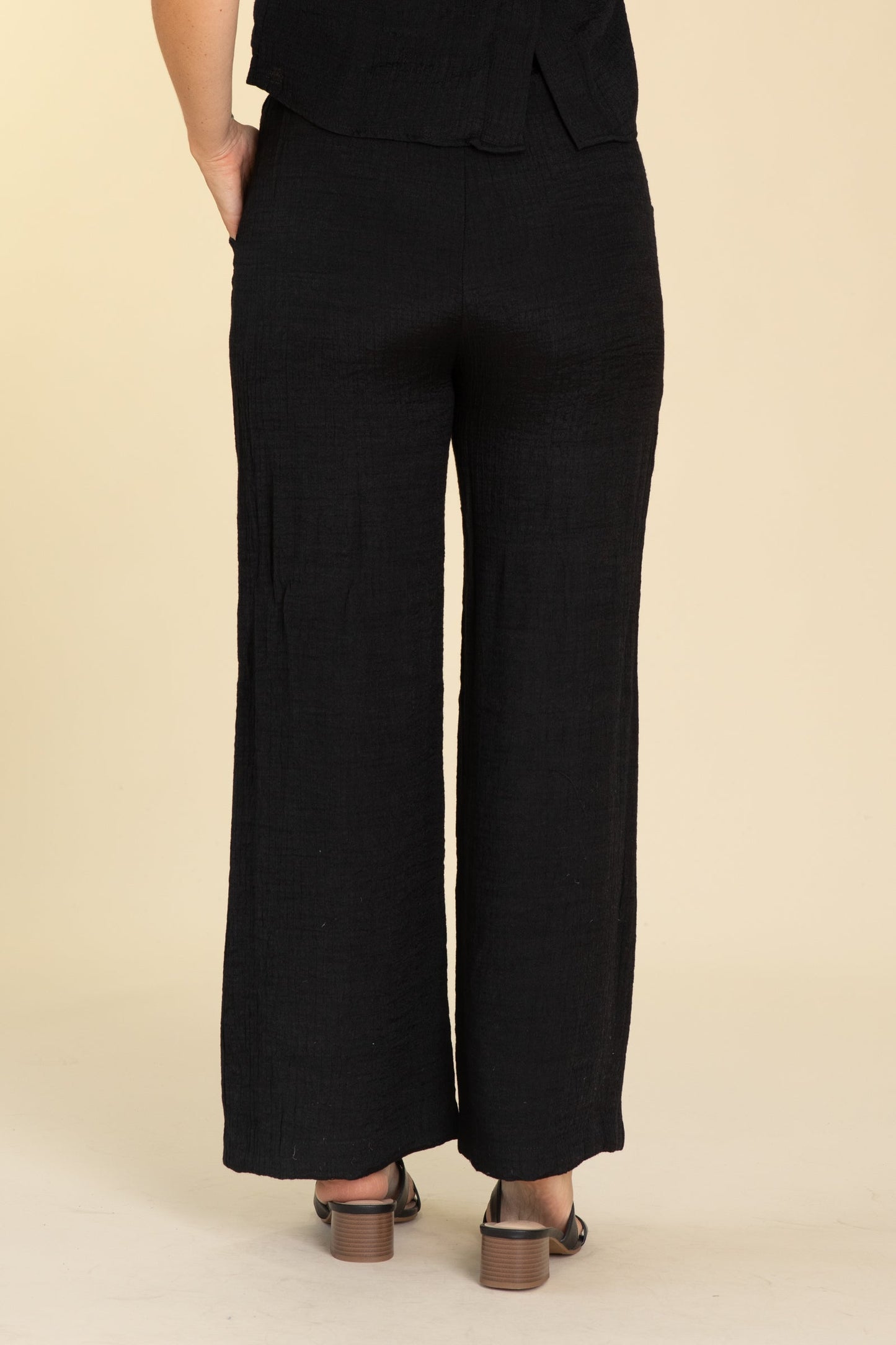 Black Crinkle Drawstring Wide Leg Pants
