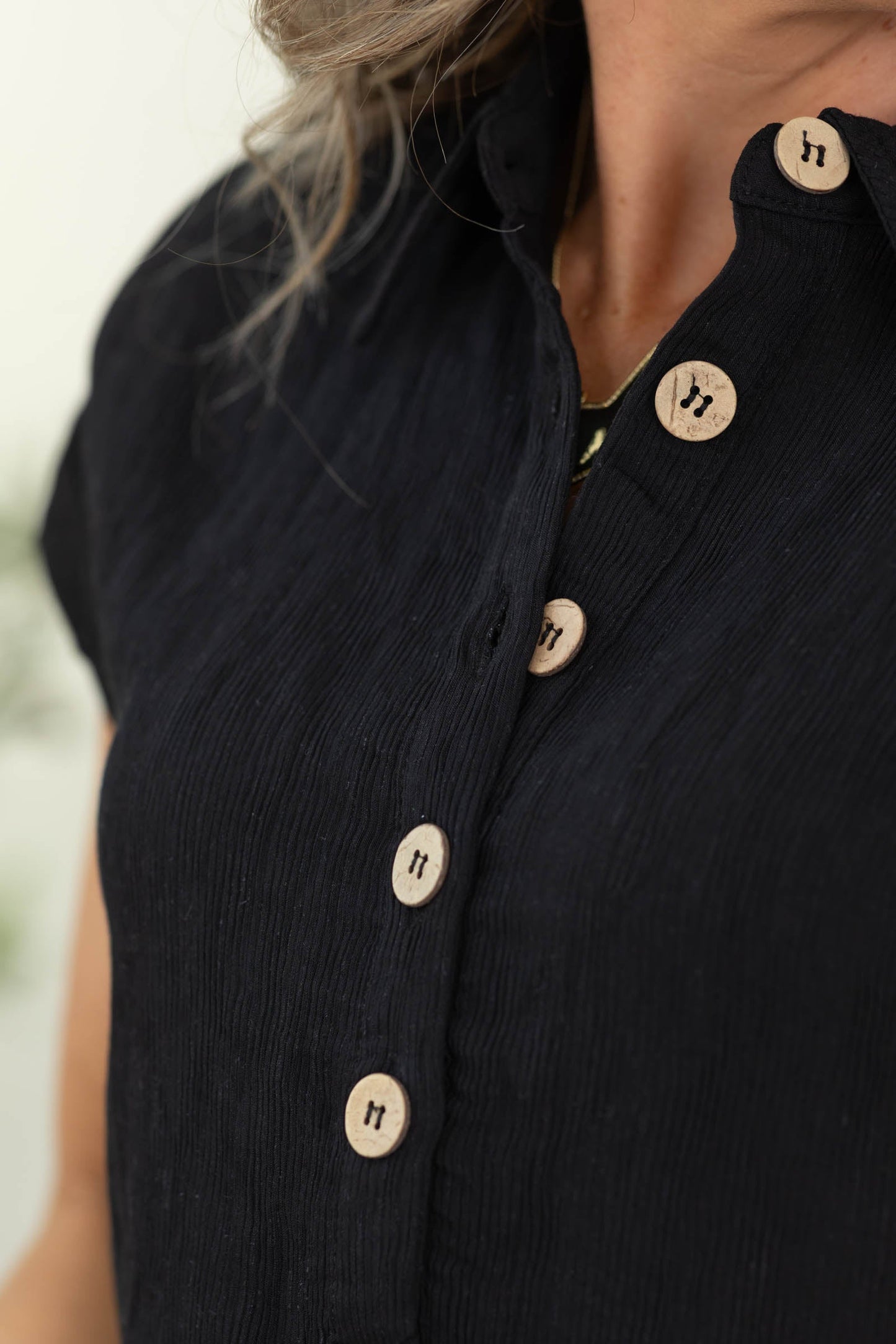 Black Half Button Short Sleeve Linen Blend Top