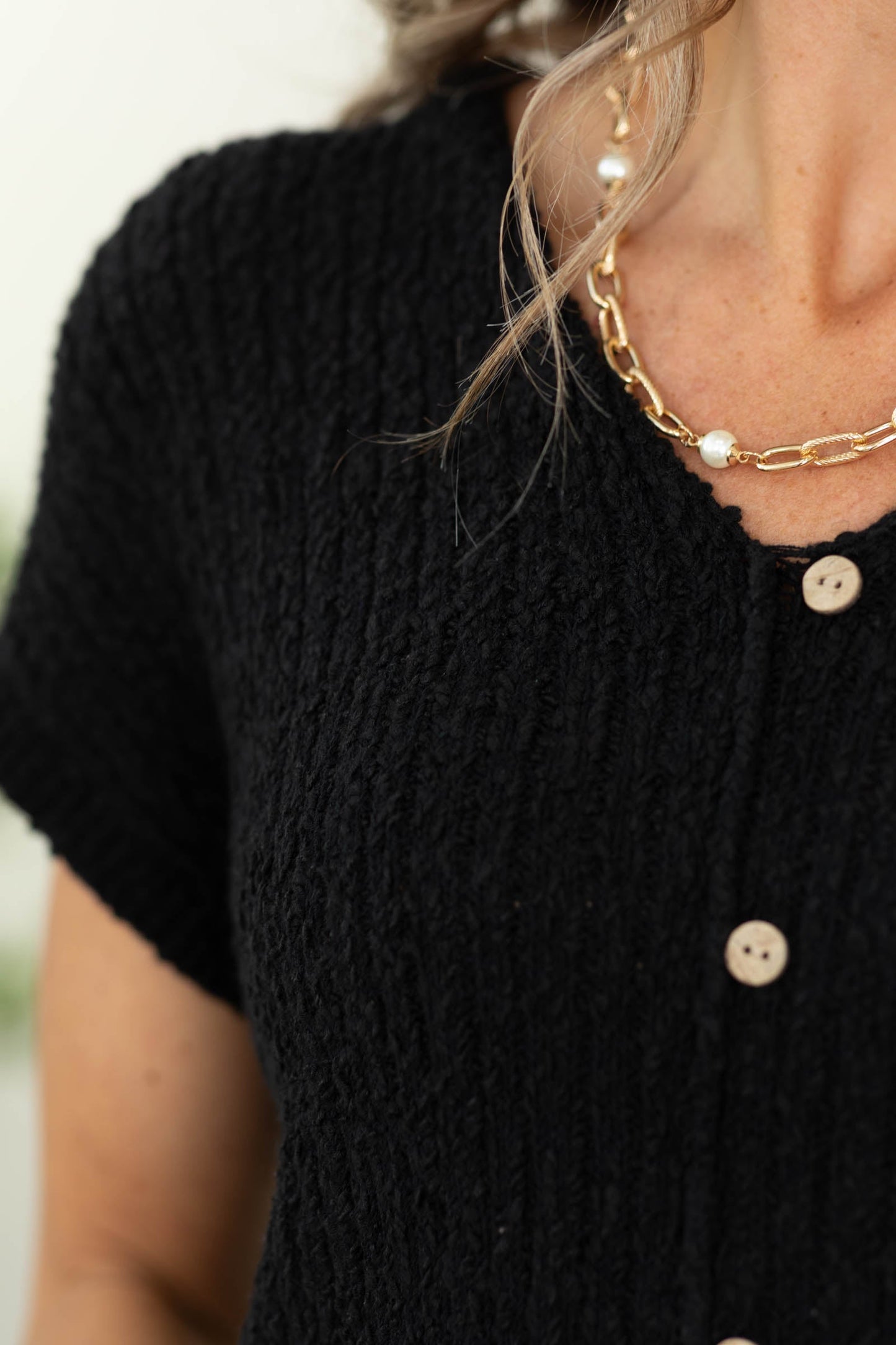Black Short Sleeve Button Down Knit Sweater Top