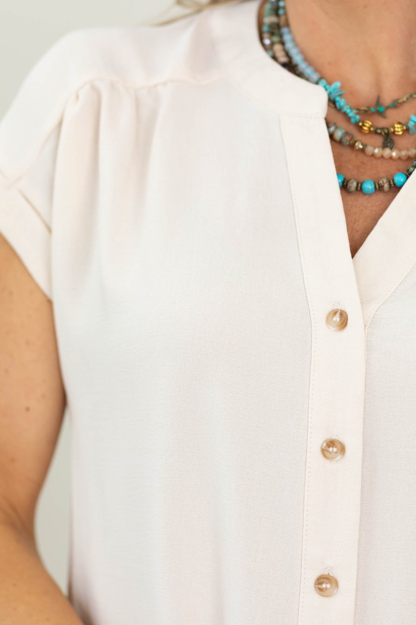Beige Cuffed Sleeve Button Down Top