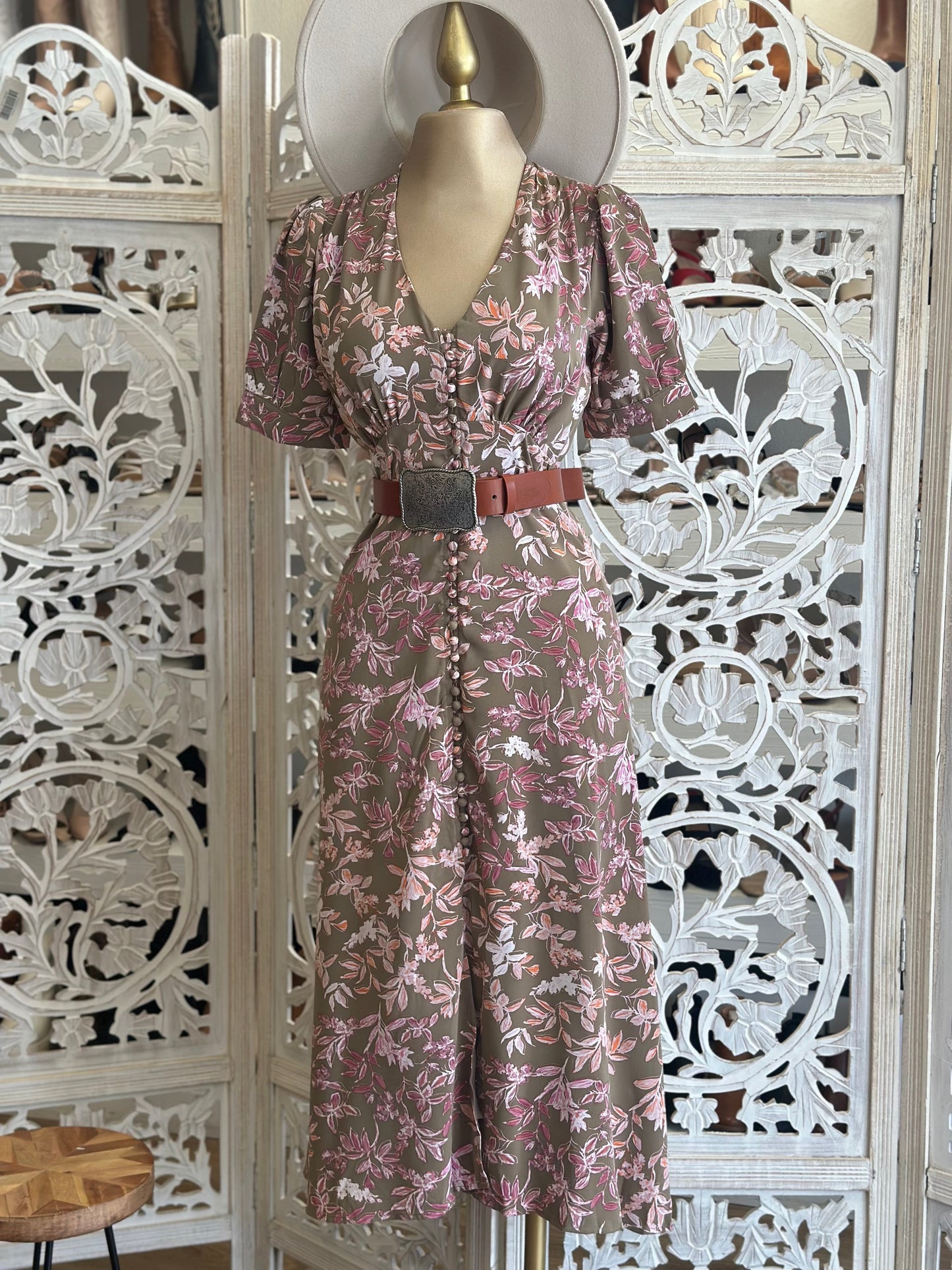 Brown Floral Midi Dress- Not Stretchy