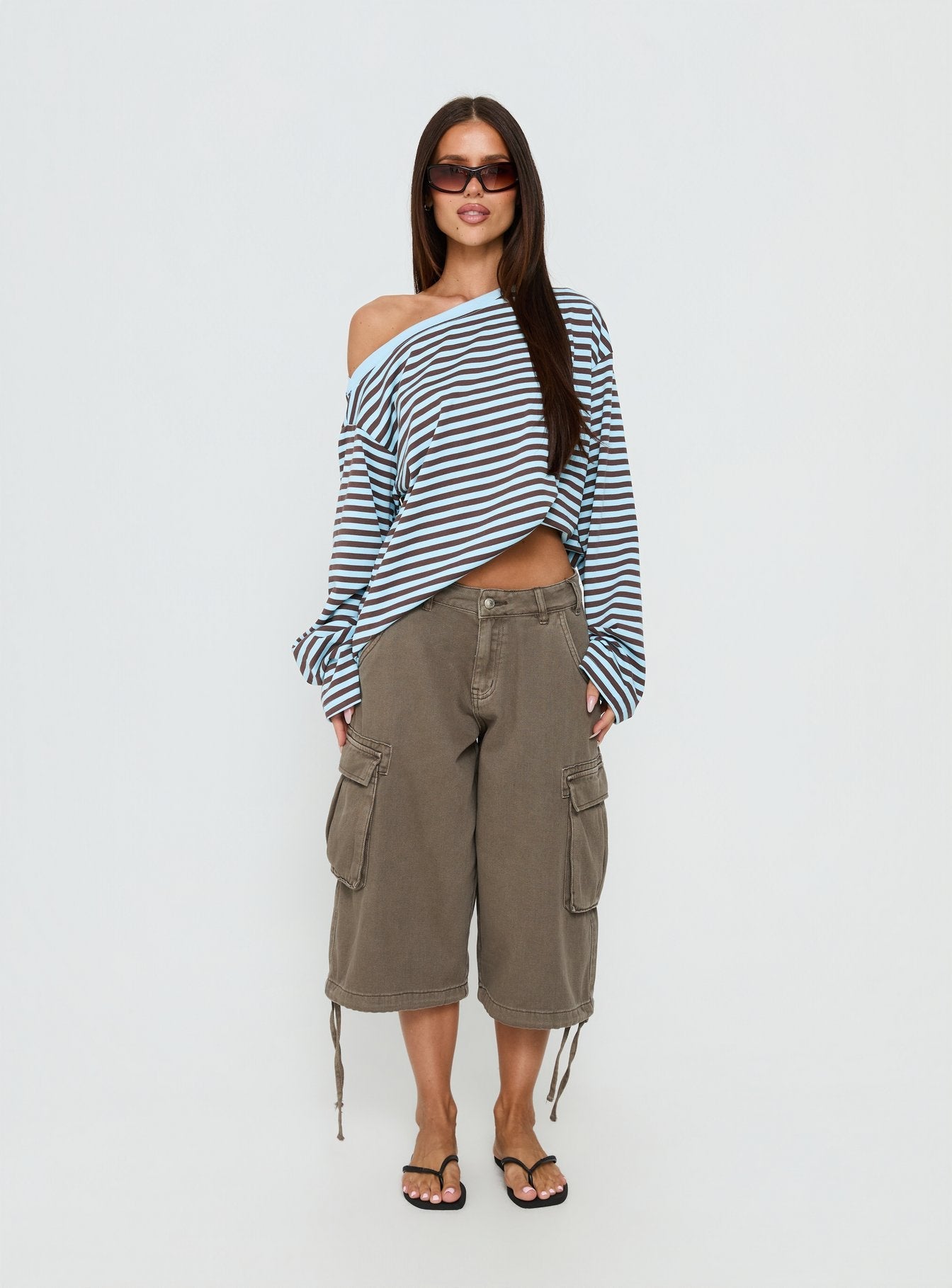 Settle Down One Shoulder Long Sleeve Top Chocolate / Blue Stripe
