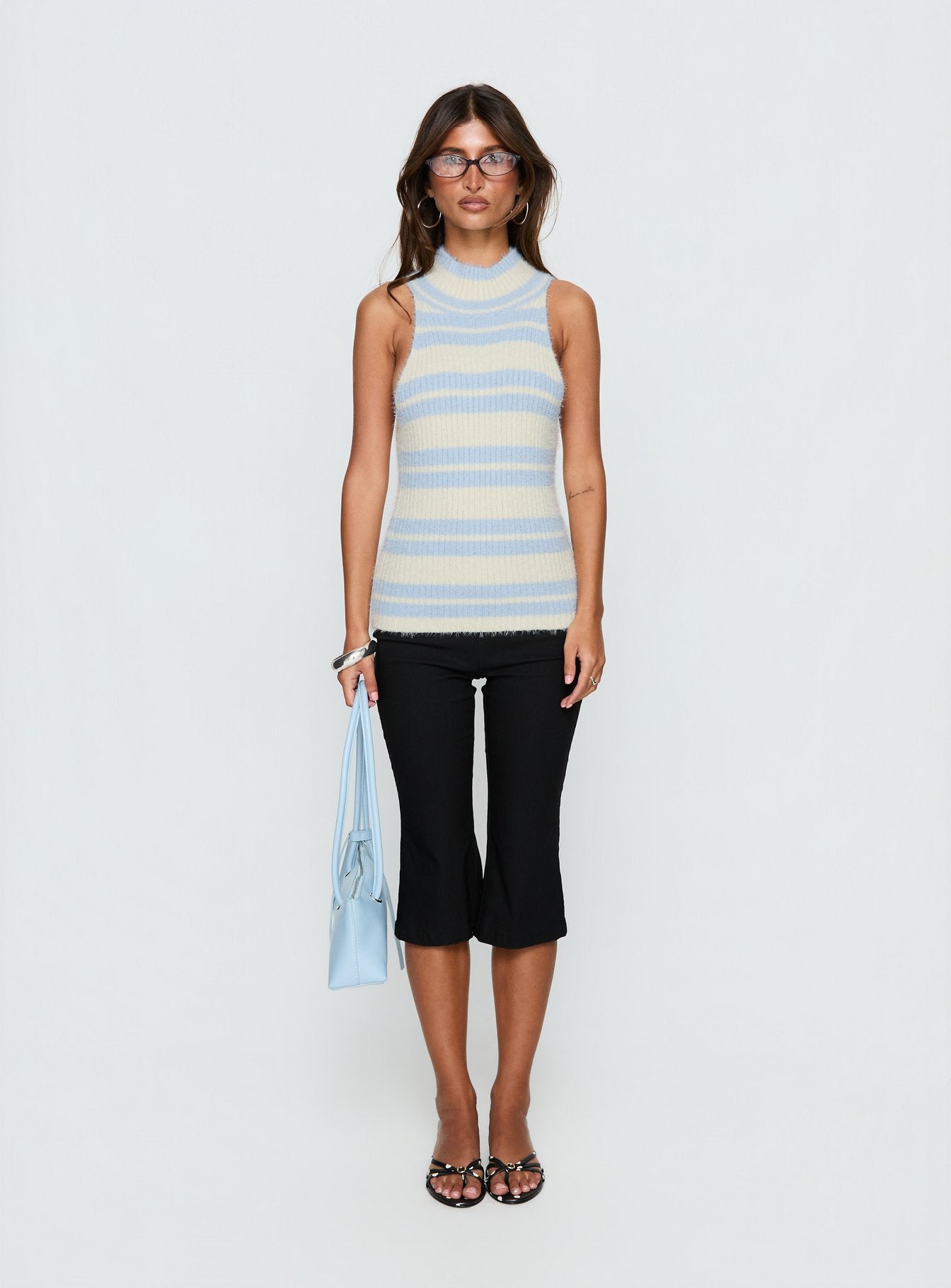 Heide High Neck Fluffy Top Blue Stripe