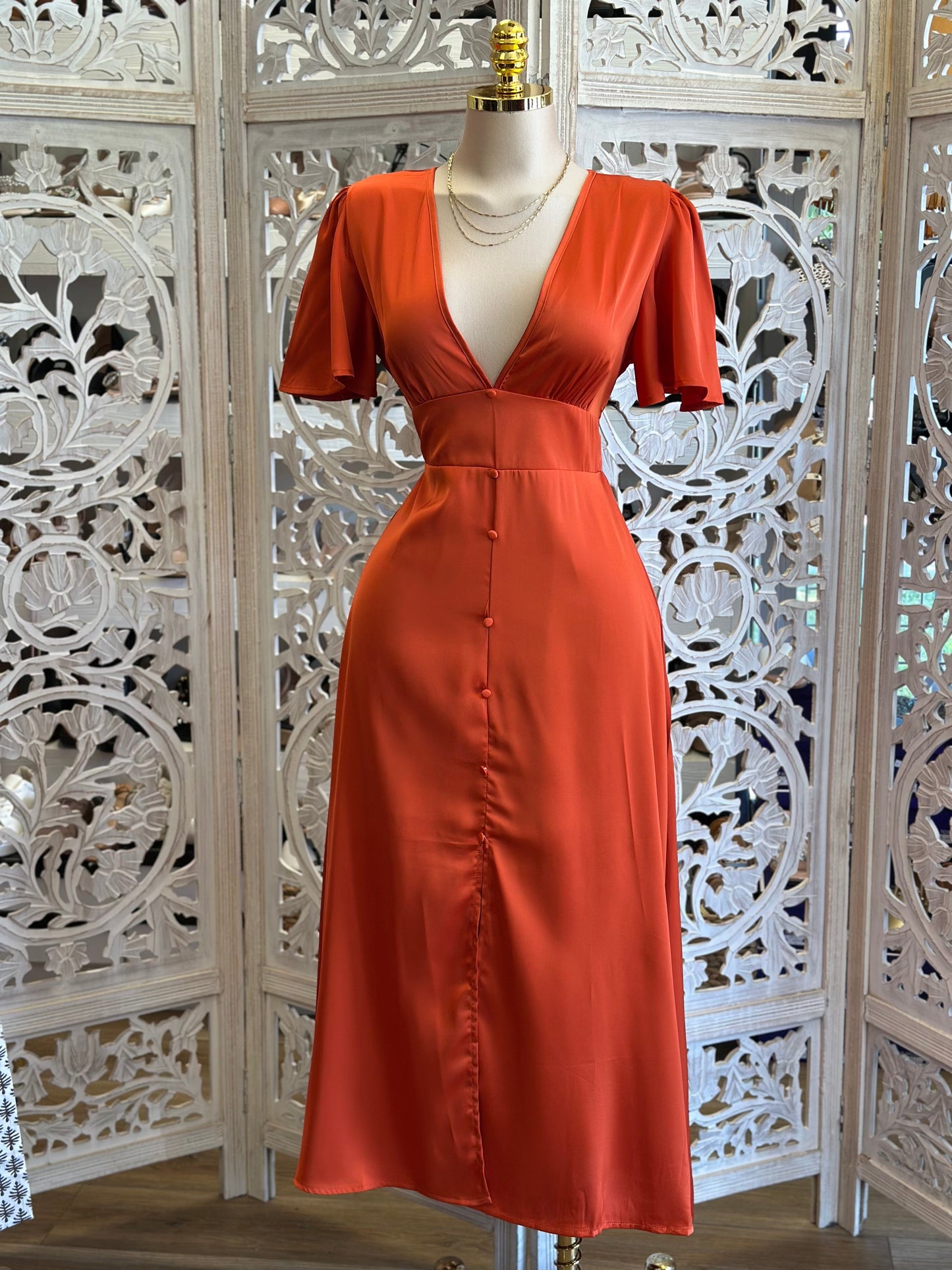 Burnt Orange Deep V Maxi Dress- Not Stretchy , No Estira