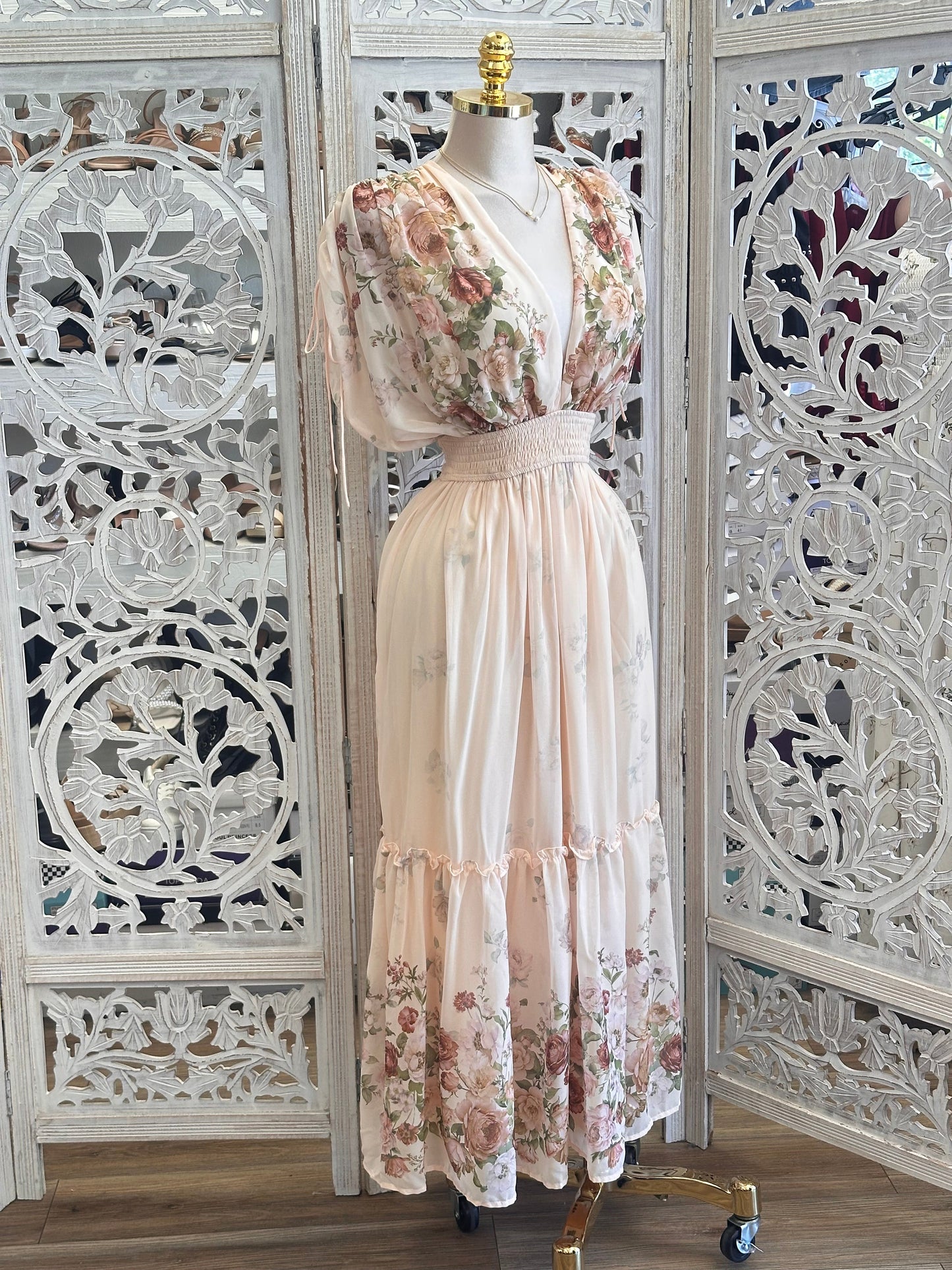 V Neck Floral Midi Dress - Estira, Stretchy