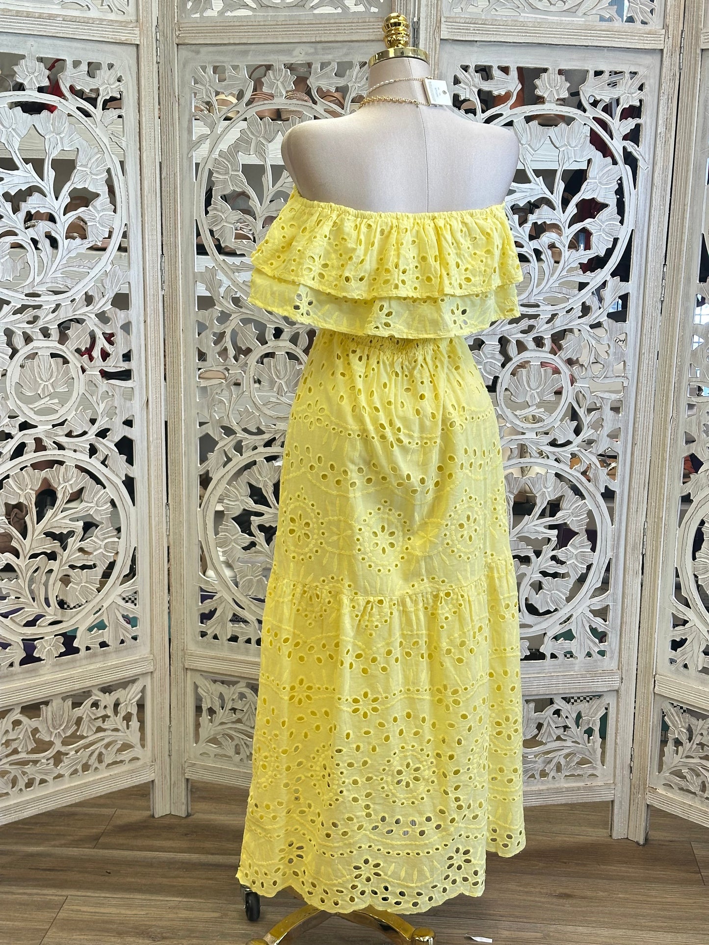 Sunny Yellow Eyelet Maxi Dress - Estira, Stretchy