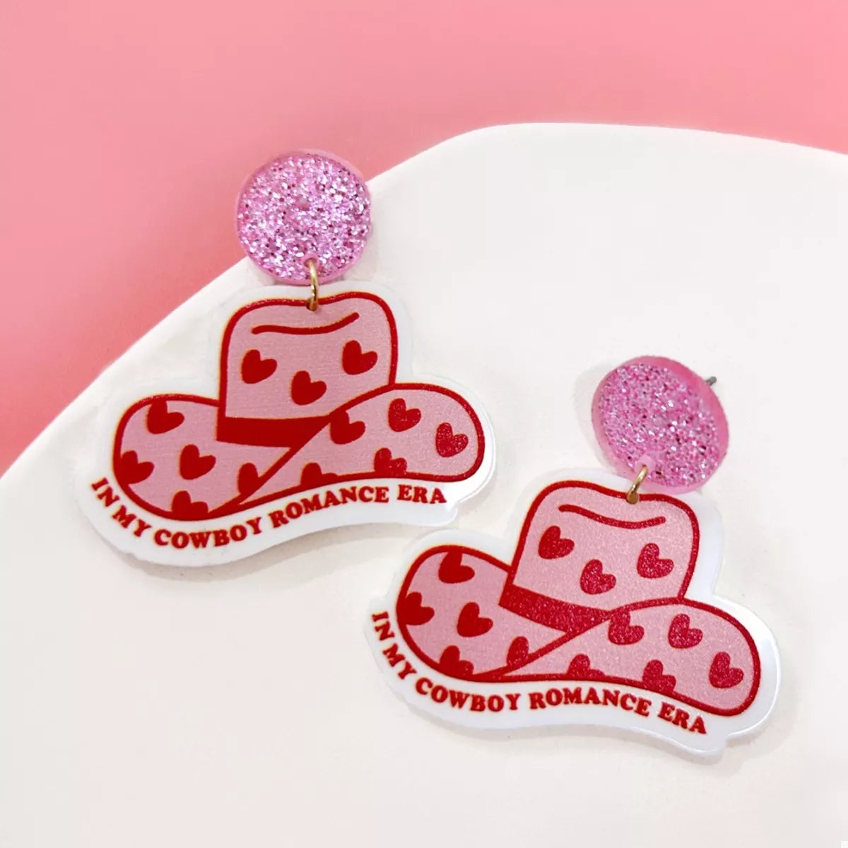 Cowboy Hat Dangle Earrings with Heart Accents