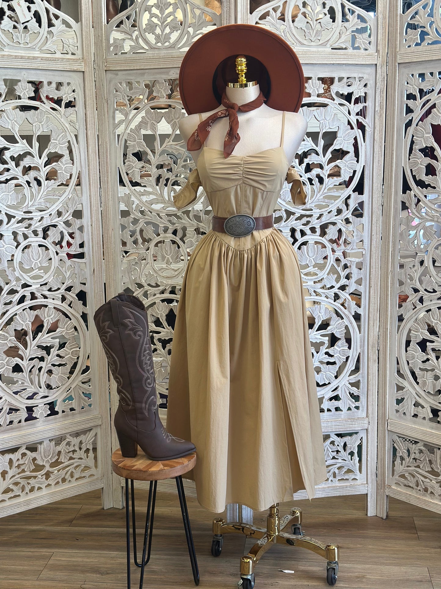 Soft Brown Corset Off Shoulder Midi Dress - Estira Poco, Slightly Stretchy