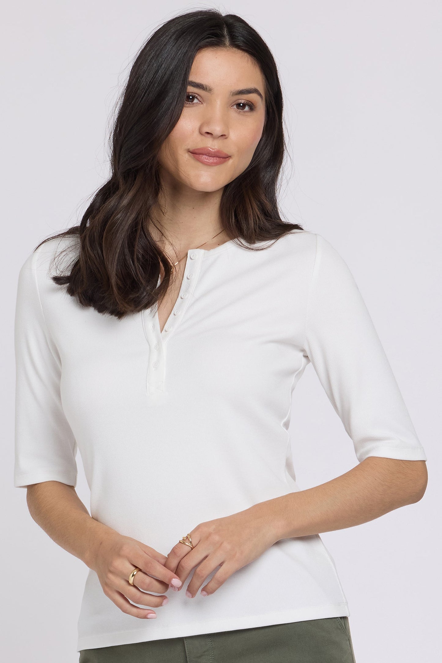 Ribbed Elbow Sleeved Henley - Optic White