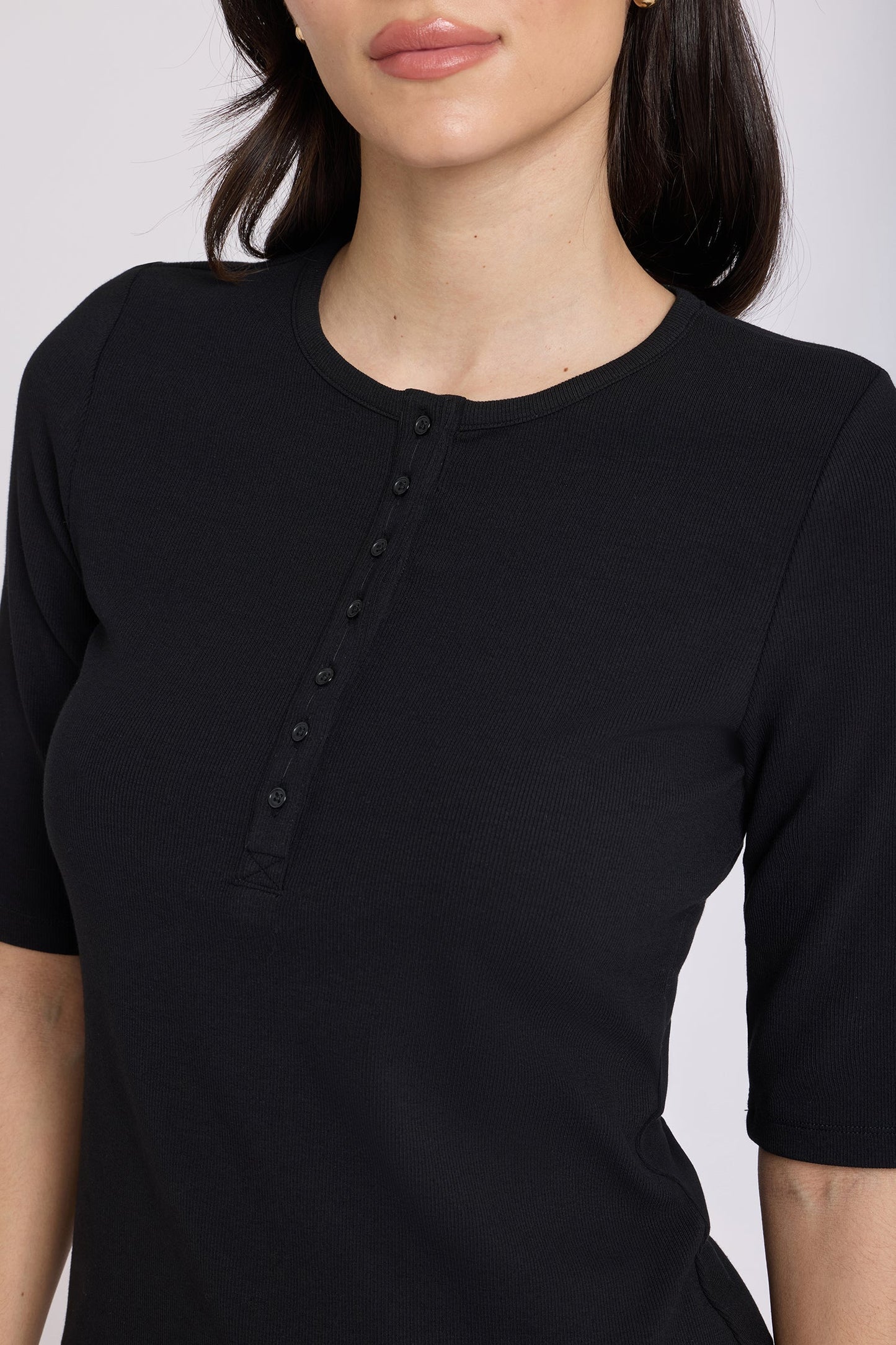 Ribbed Elbow Sleeved Henley - Black