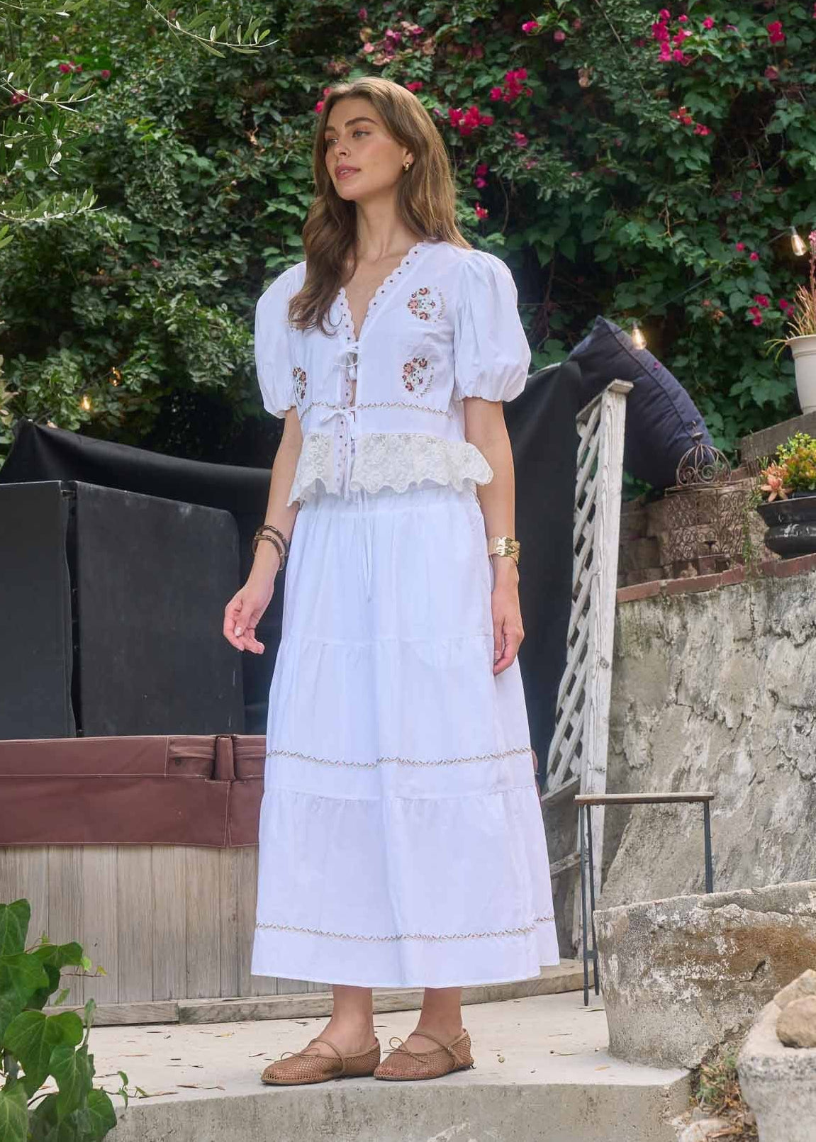 EVERLY EMBROIDERED MIDI SKIRT