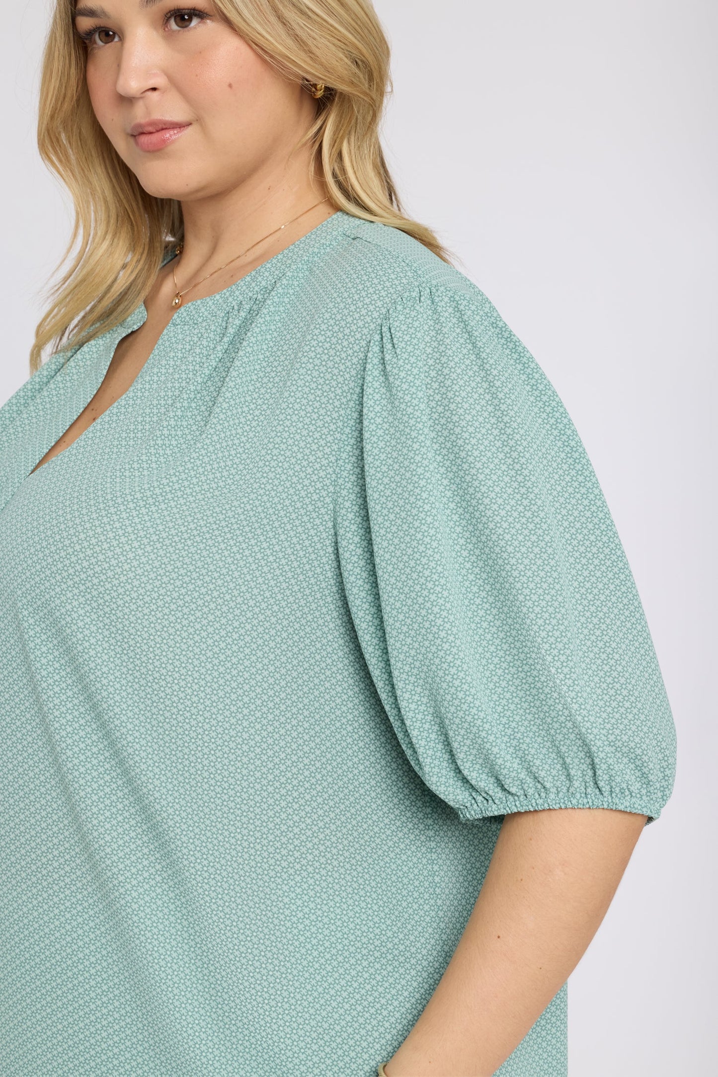 Short Puff Sleeved Popover Top In Plus Size - Valley of Daisies