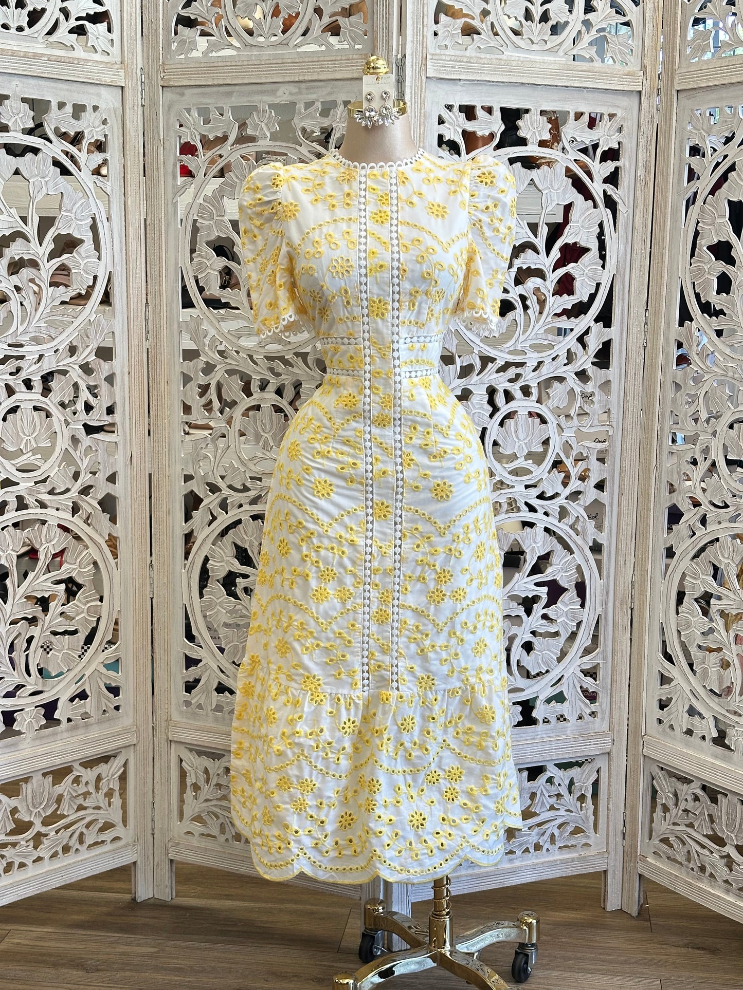 Yellow Eyelet Midi Dress- No Estira, Not Stretchy