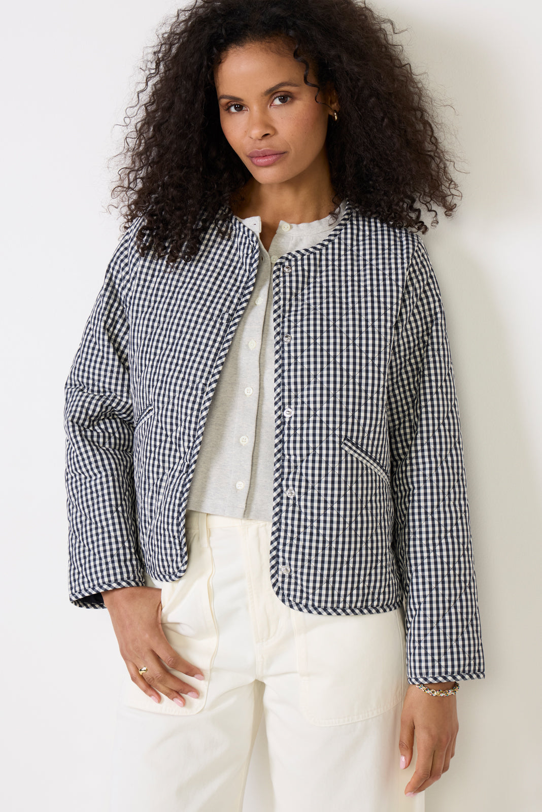 Cashel Check Collarless Quilted Jacket