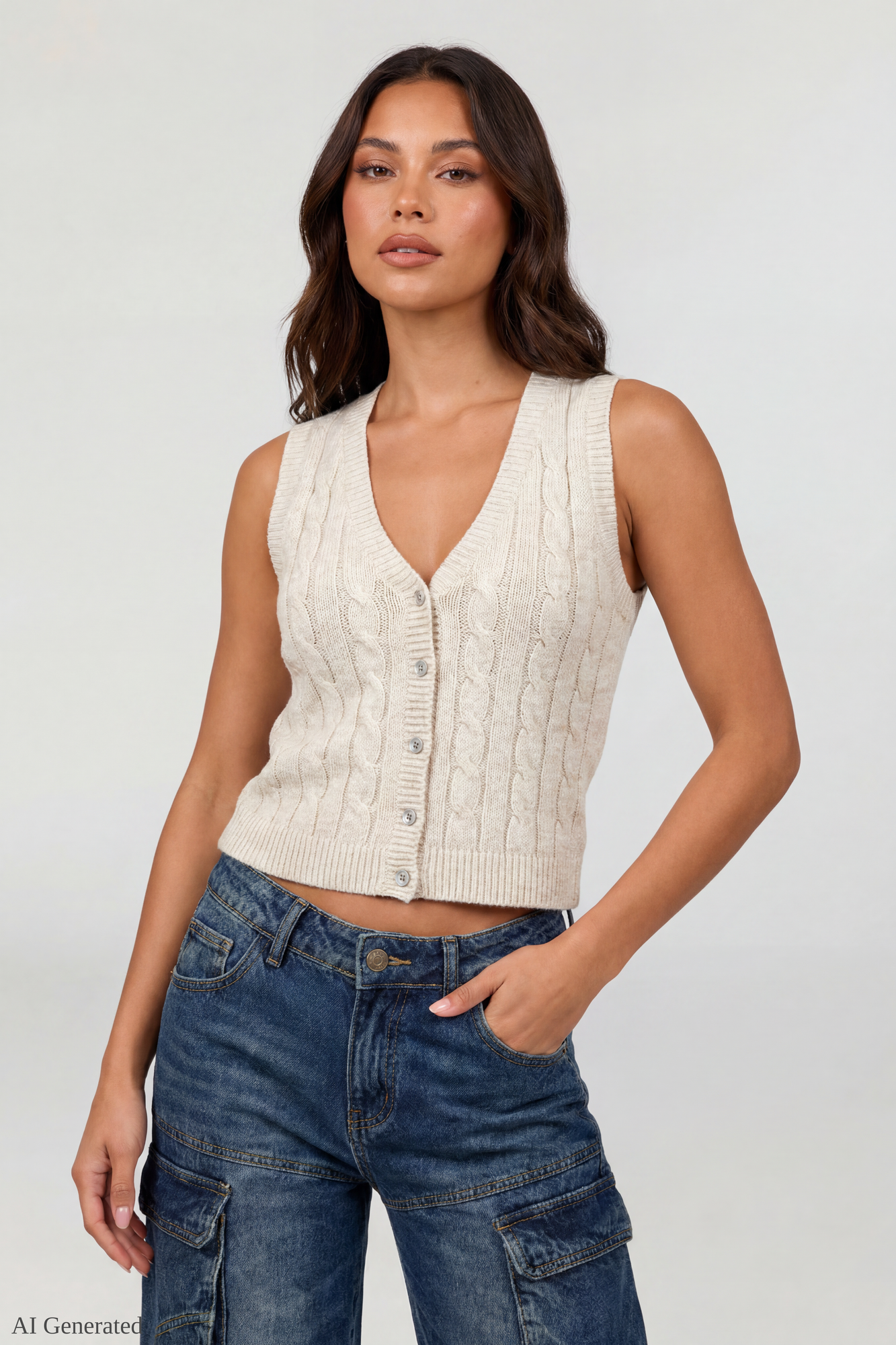 Cable Knit Button-Up Sweater Vest