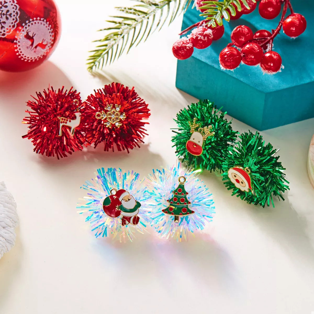 Christmas Asymmetrical Tinsel Ball Earrings