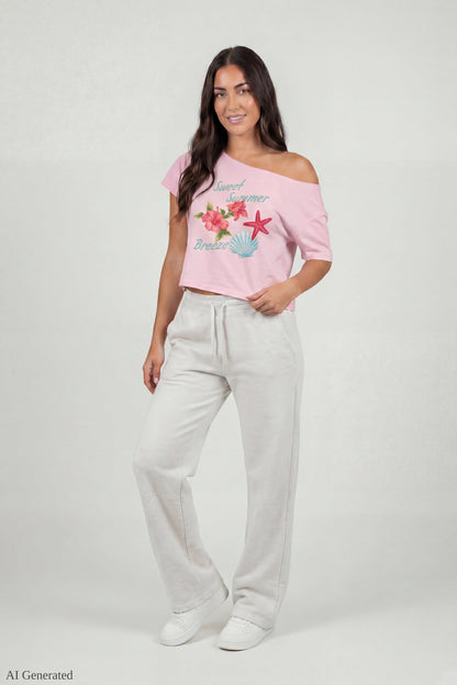 Off-Shoulder Summer Graphic T-Shirt