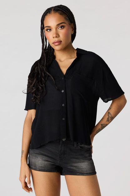 Textured Button-Up Short Sleeve Top