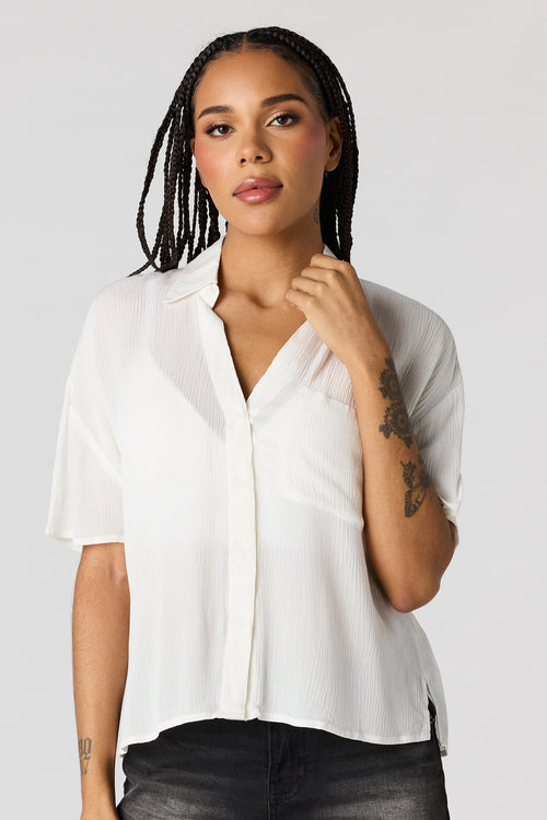 Textured Button-Up Short Sleeve Top