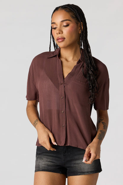 Textured Button-Up Short Sleeve Top