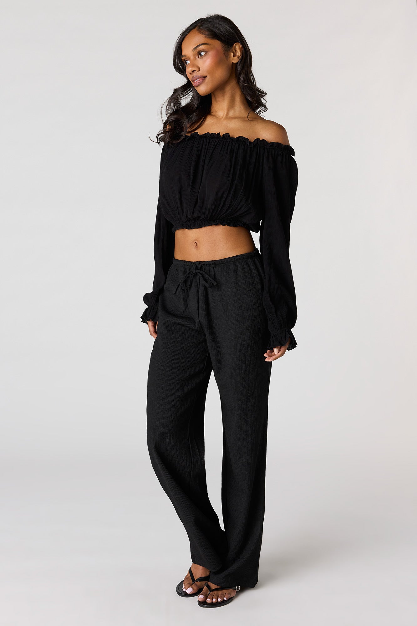 Textured Off Shoulder Long Sleeve Top