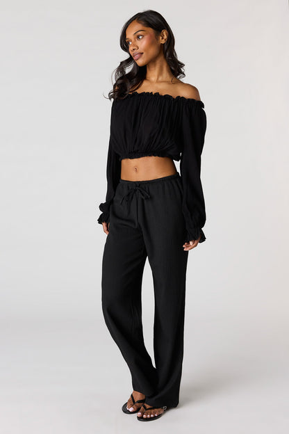 Textured Off Shoulder Long Sleeve Top