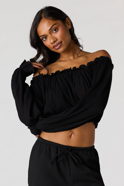Textured Off Shoulder Long Sleeve Top