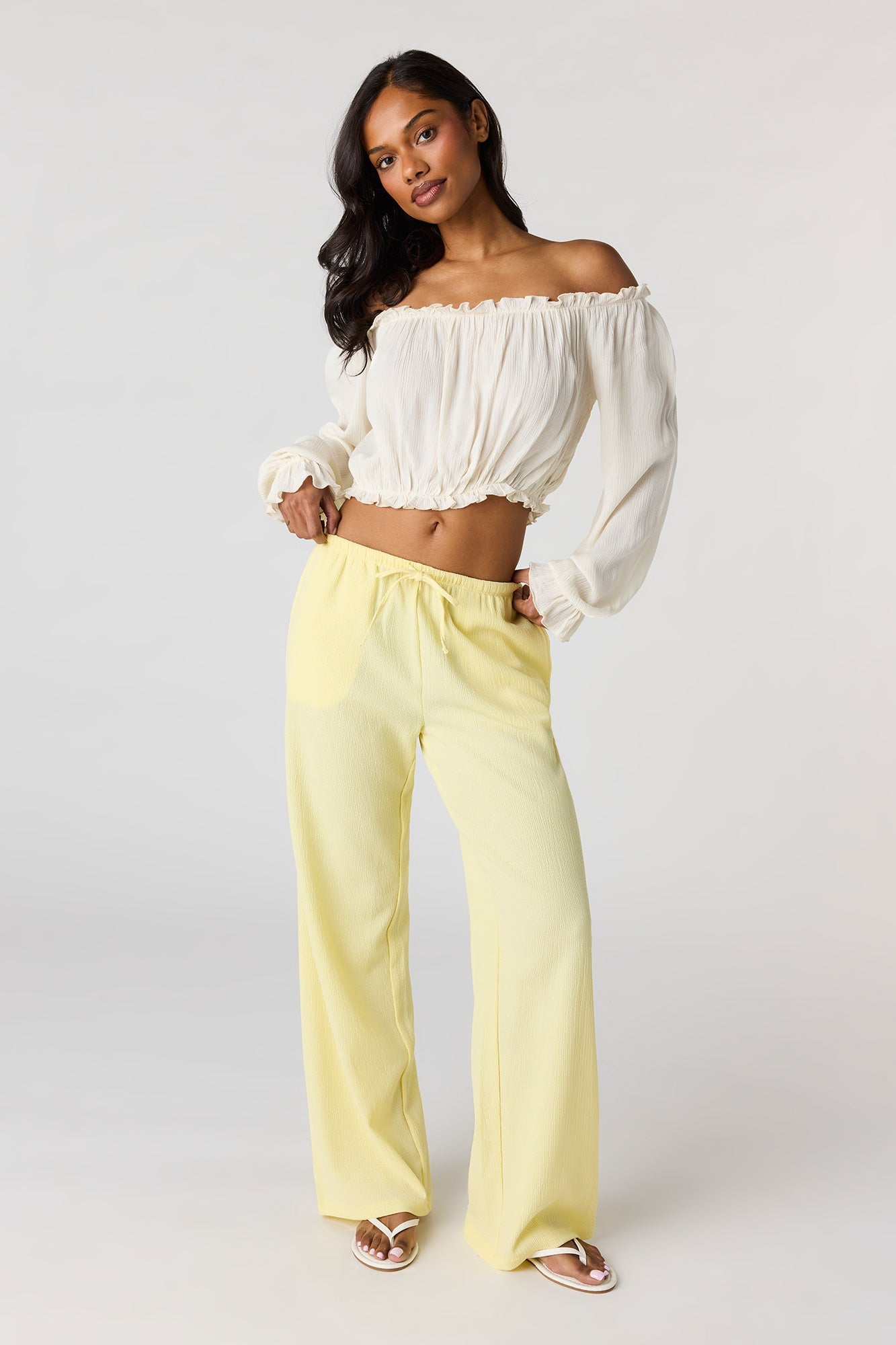 Textured Off Shoulder Long Sleeve Top