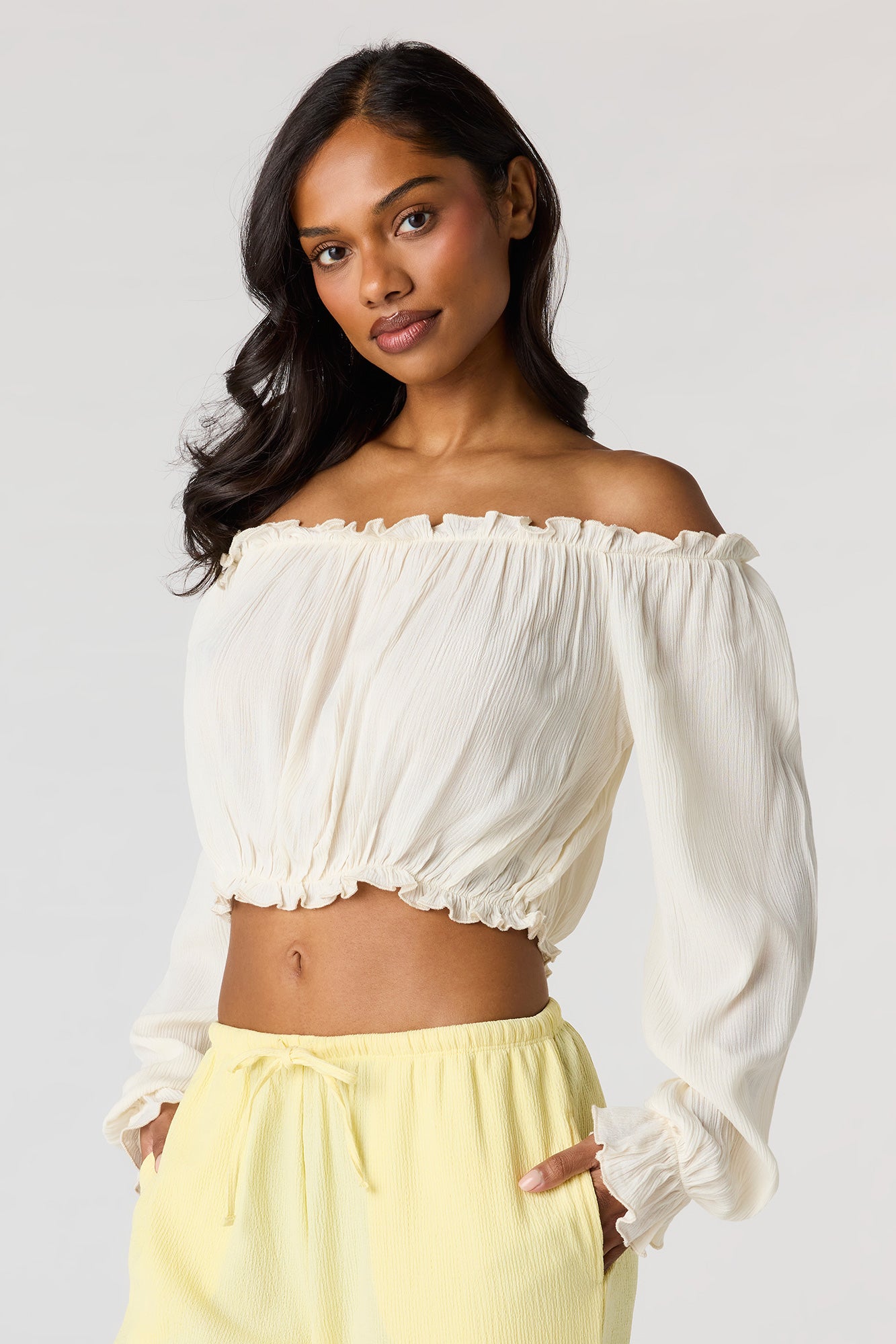 Textured Off Shoulder Long Sleeve Top