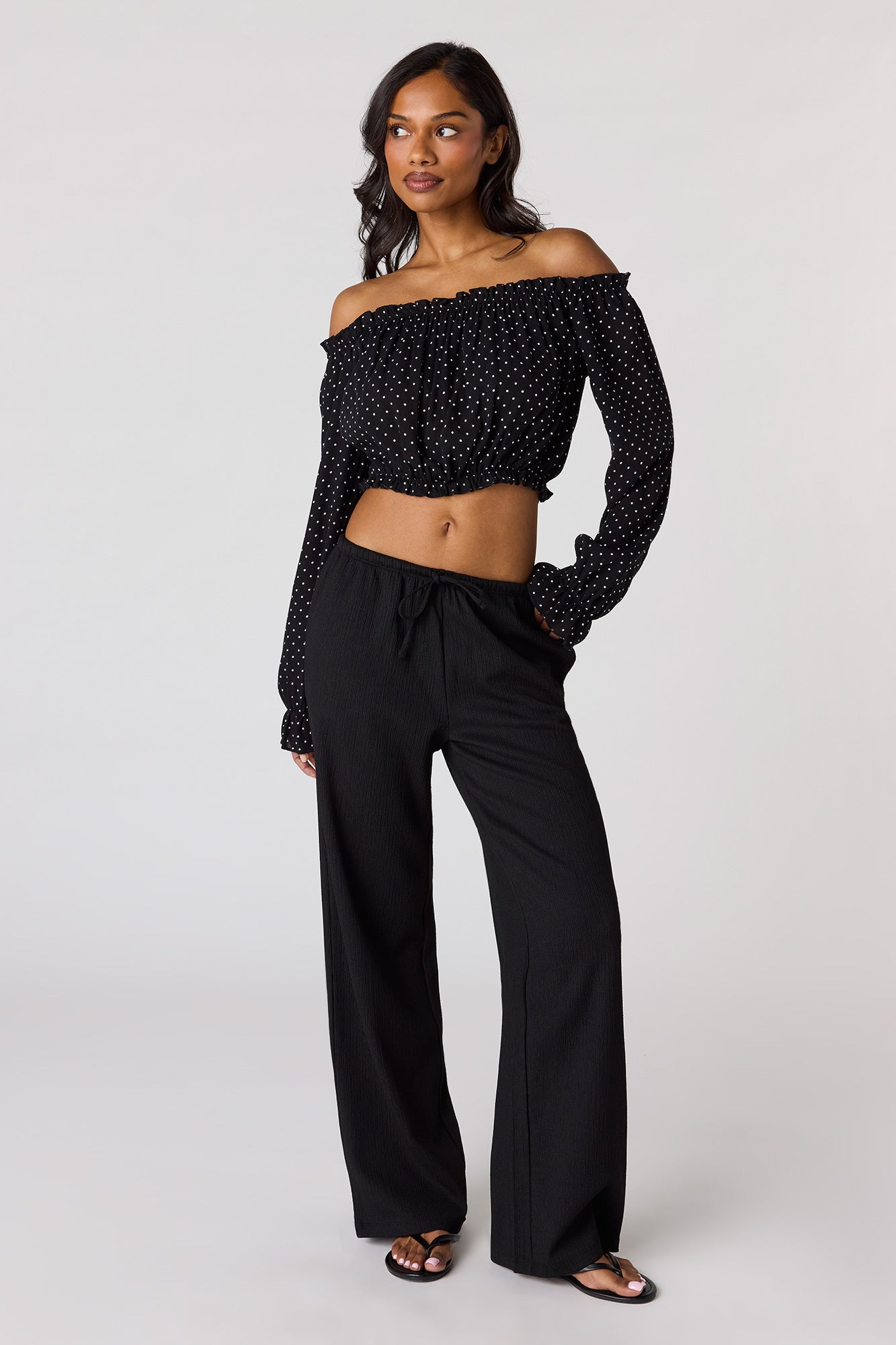 Textured Off Shoulder Long Sleeve Top