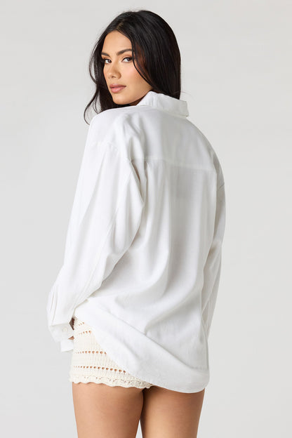 Linen-Blend Long Sleeve Button-Up Top