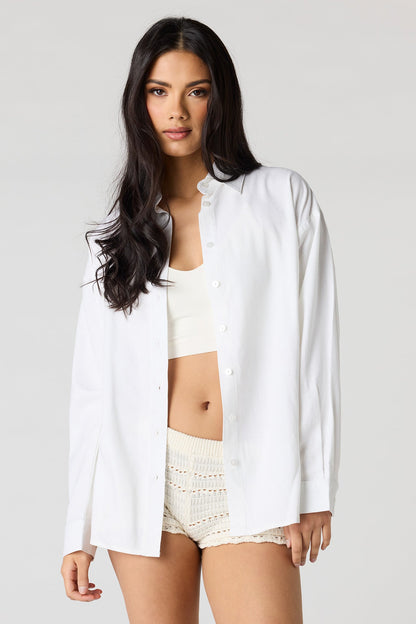 Linen-Blend Long Sleeve Button-Up Top