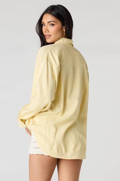Linen-Blend Long Sleeve Button-Up Top