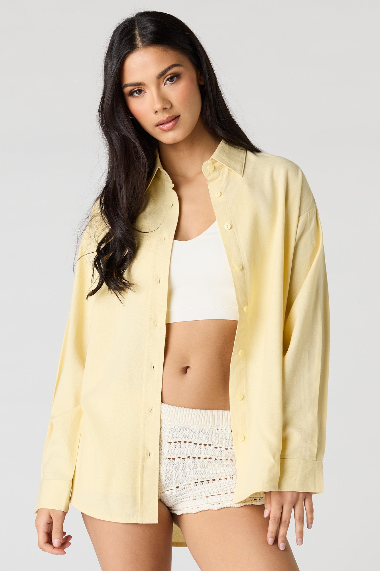 Linen-Blend Long Sleeve Button-Up Top