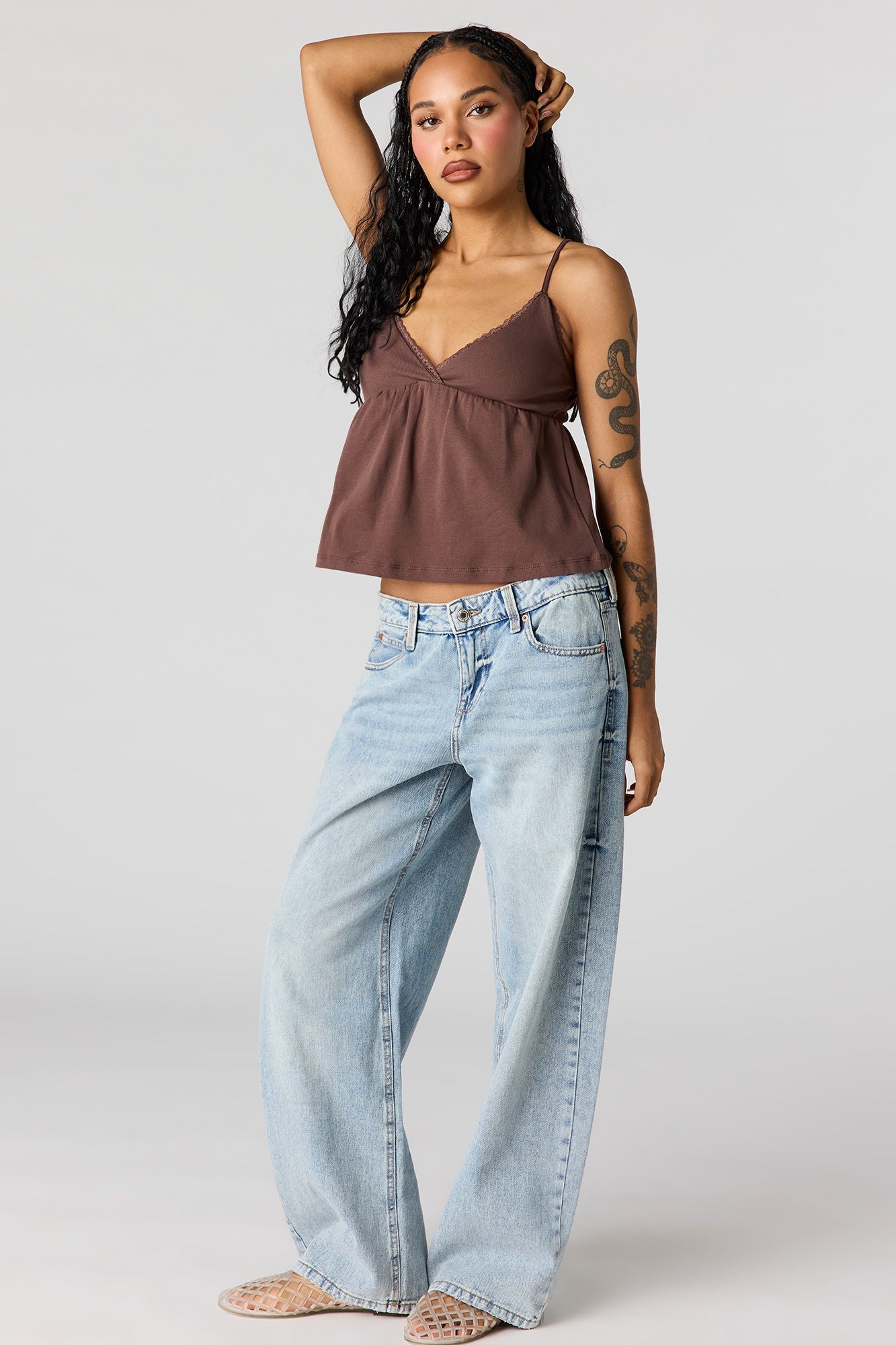 Surplice Lace Trim Babydoll Tank