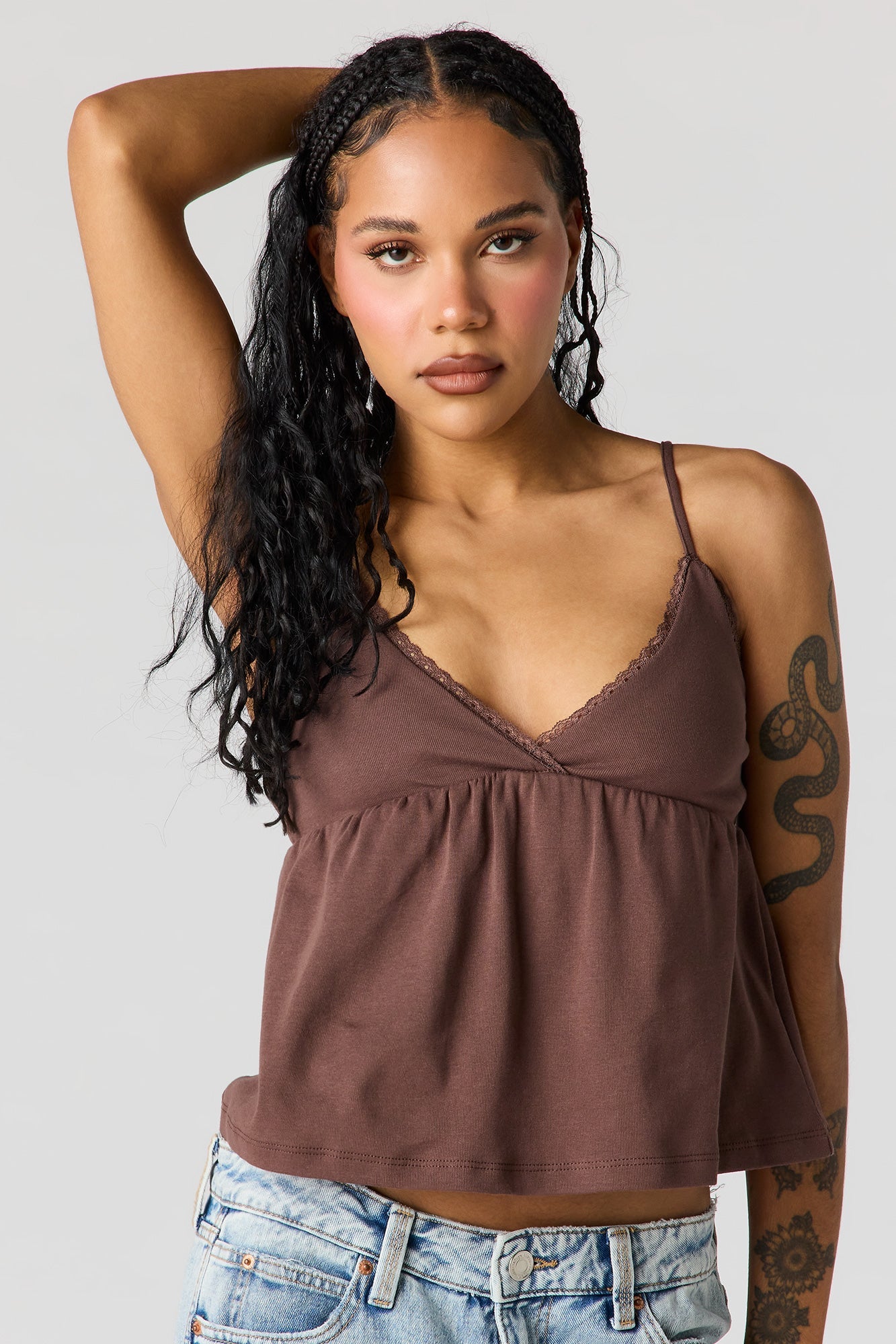 Surplice Lace Trim Babydoll Tank