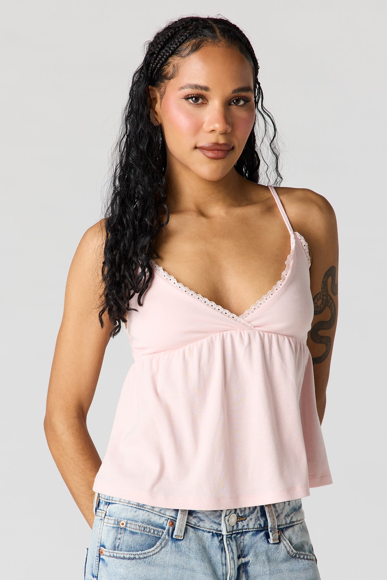 Surplice Lace Trim Babydoll Tank