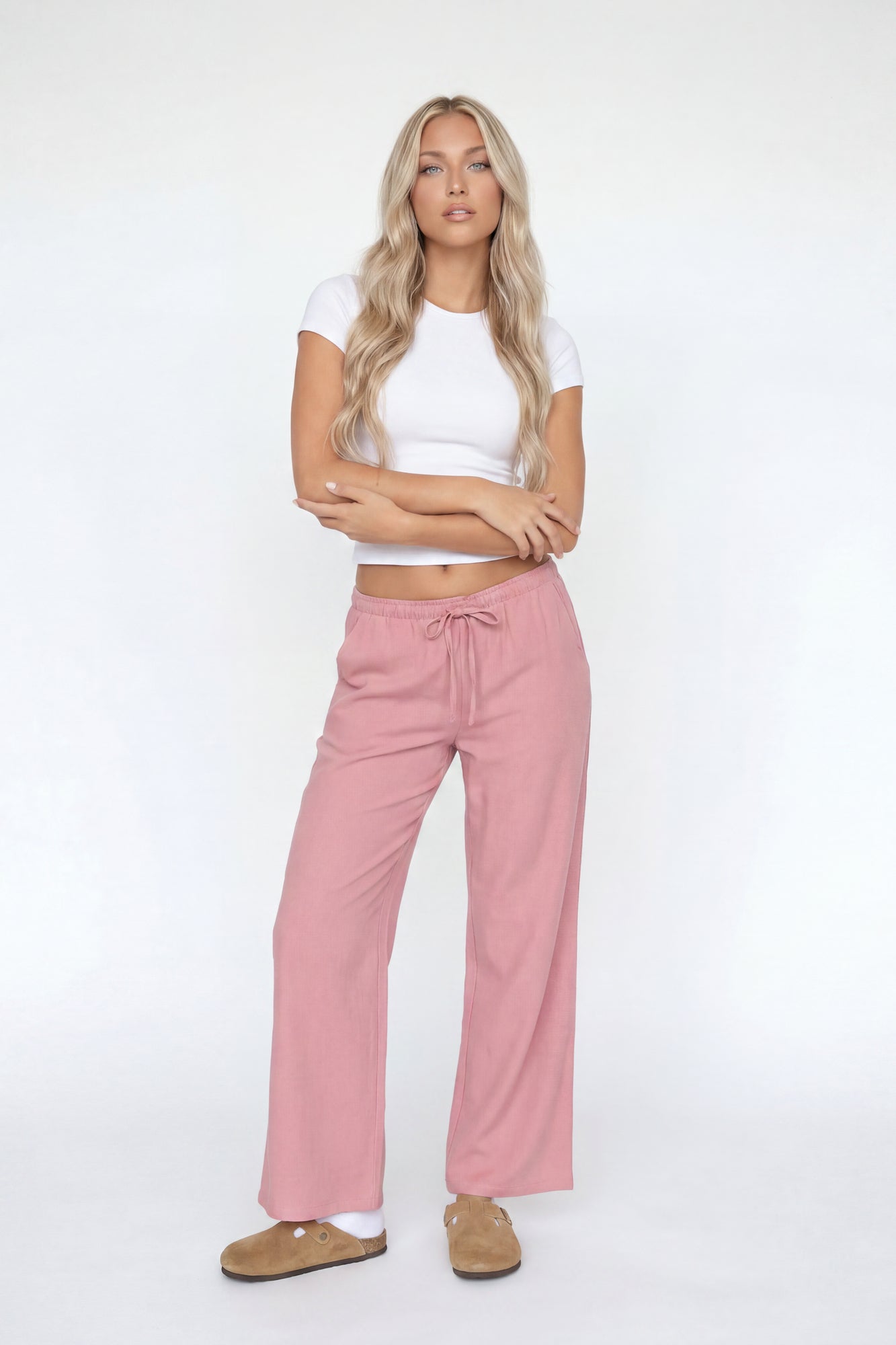 Linen-Blend Flowy Wide Leg Pant