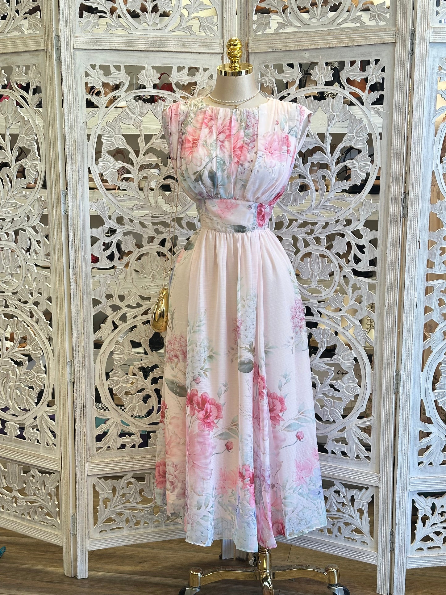 Boat Neck Floral Maxi  Pastel Dress-Stretchy, Estira