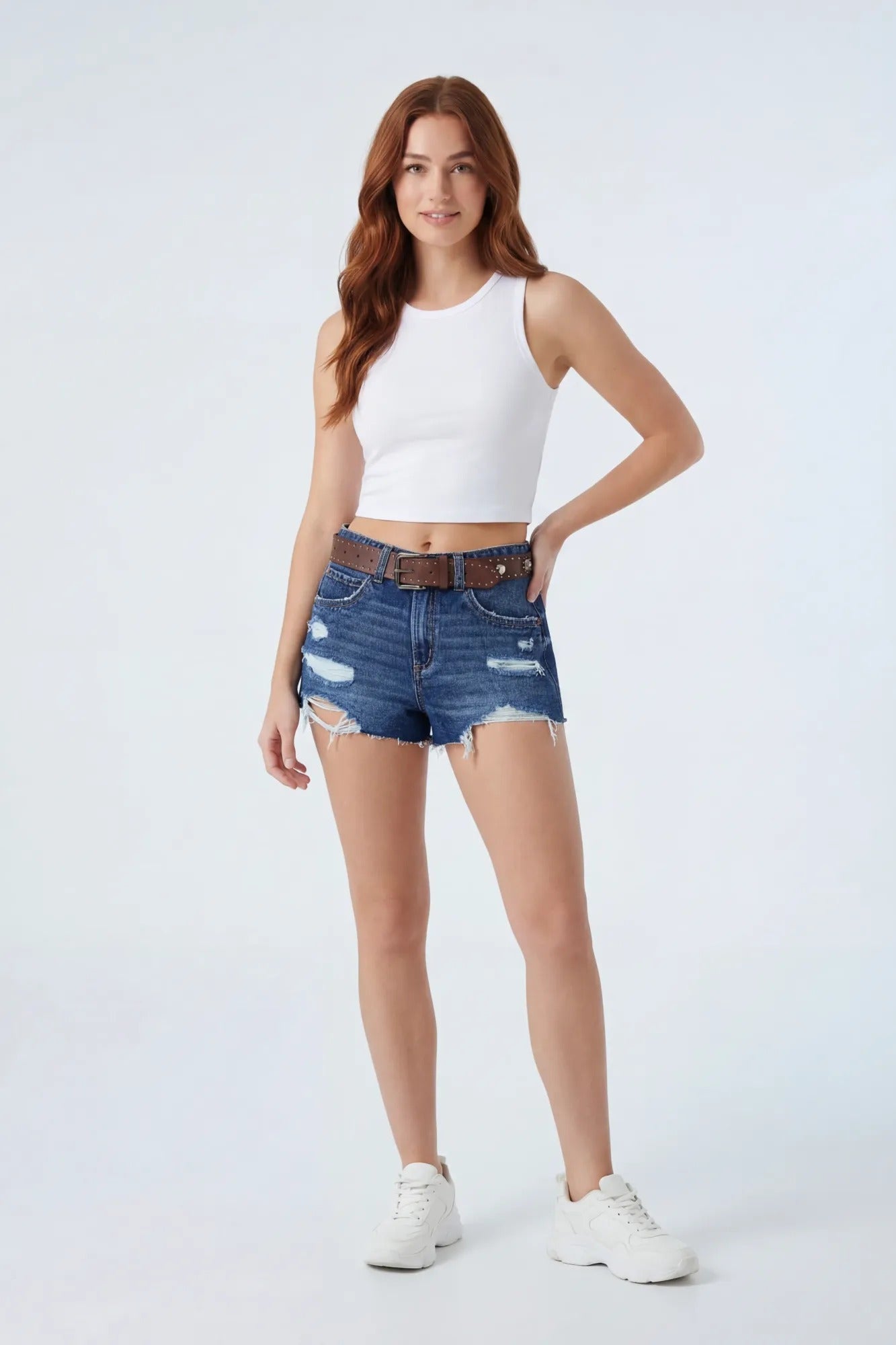 Ripped Denim Short with Belt