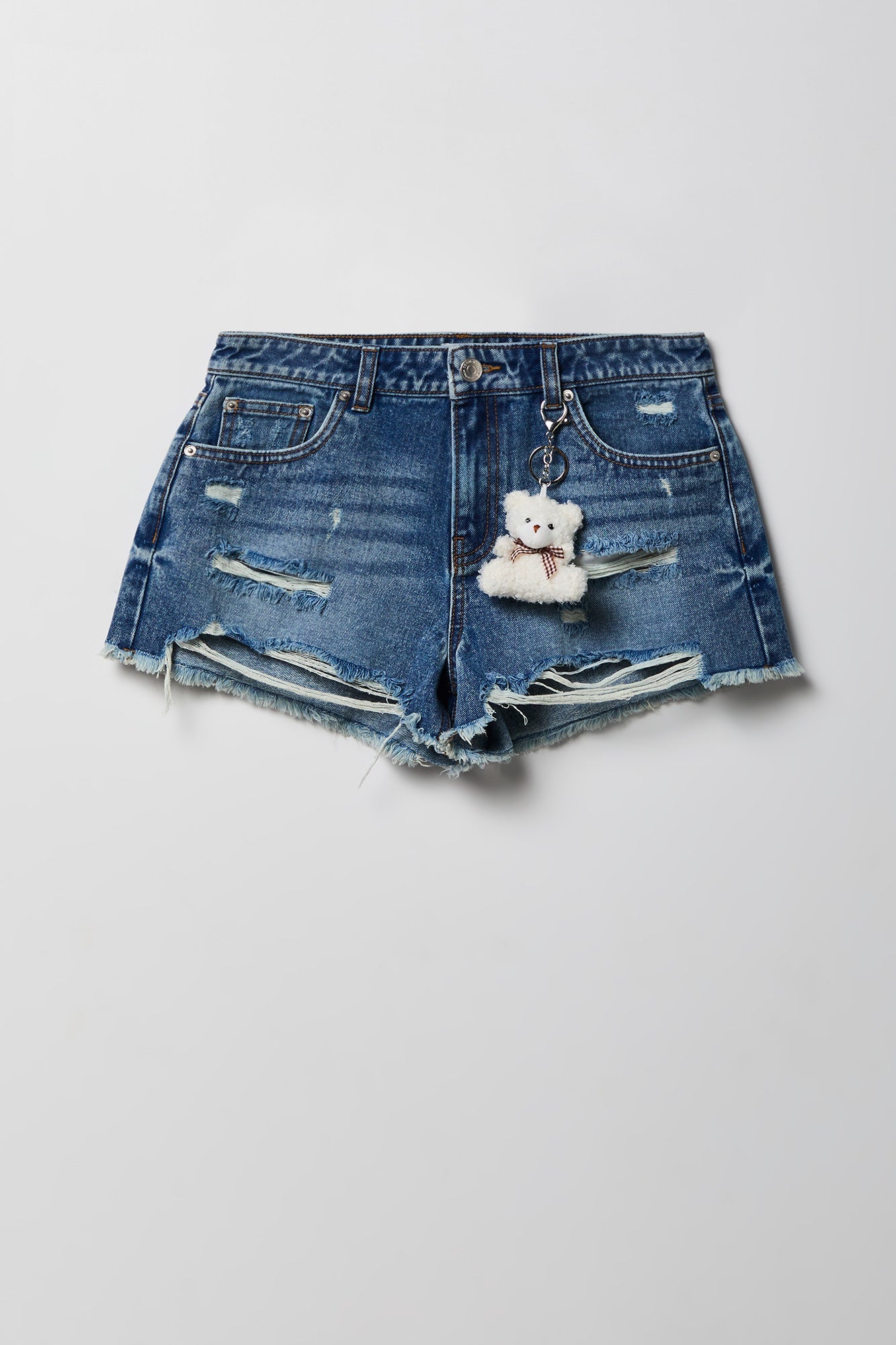 Ripped High Rise Dark Denim Short With Keychain