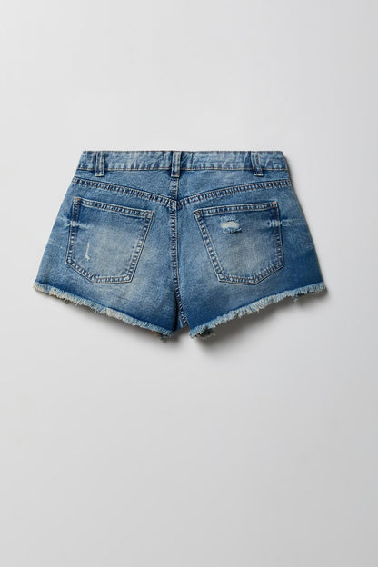 Ripped High Rise Medium Denim Short with Keychain