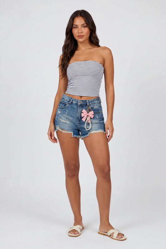 Ripped High Rise Medium Denim Short with Keychain