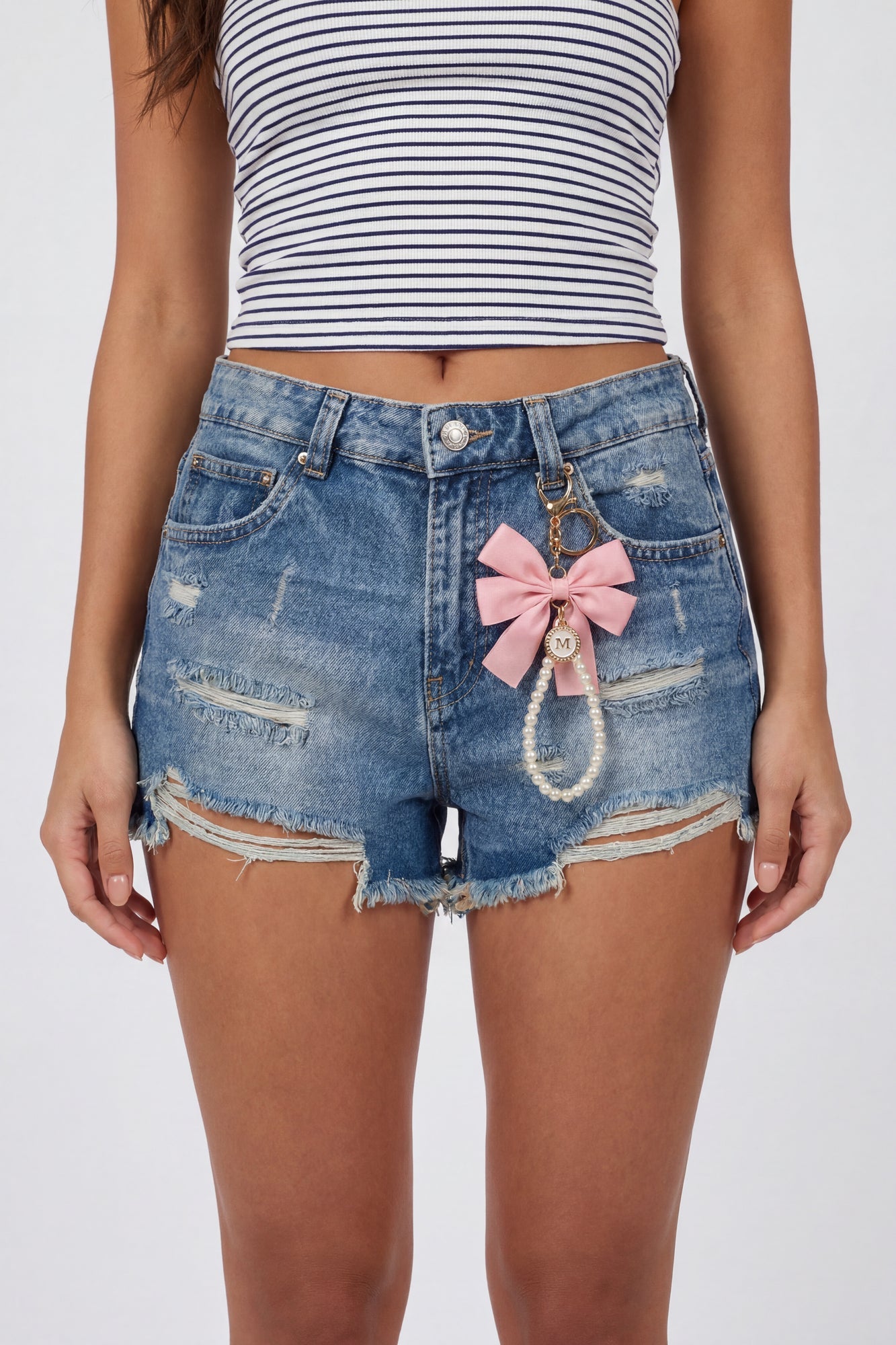 Ripped High Rise Medium Denim Short with Keychain