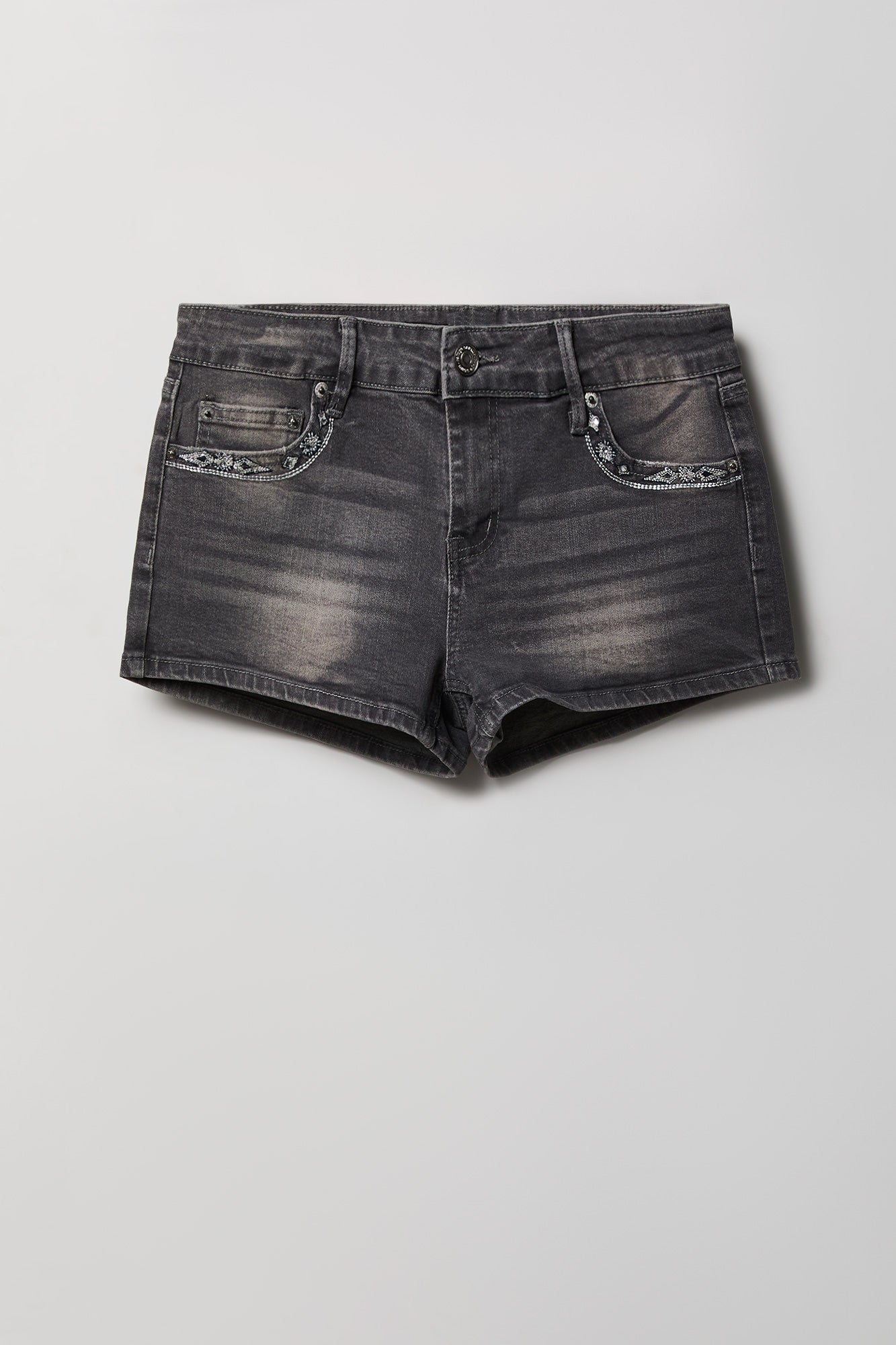 Stretch Mid Rise Rhinestone Detail Denim Short
