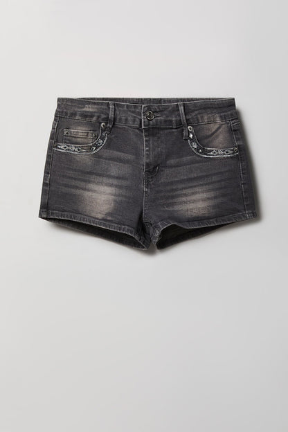 Stretch Mid Rise Rhinestone Detail Denim Short